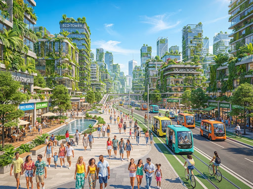 Sunlit green futuristic metropolis with pedestrian promenades, autonomous electric shuttles and vertical forest towers