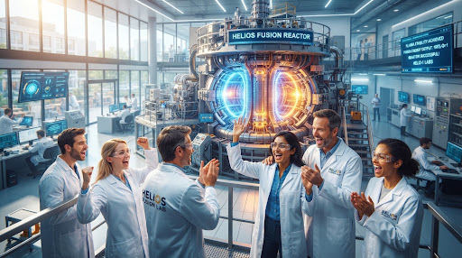 Scientists and engineers celebrating inside the Helios fusion laboratory in front of a glowing plasma tokamak