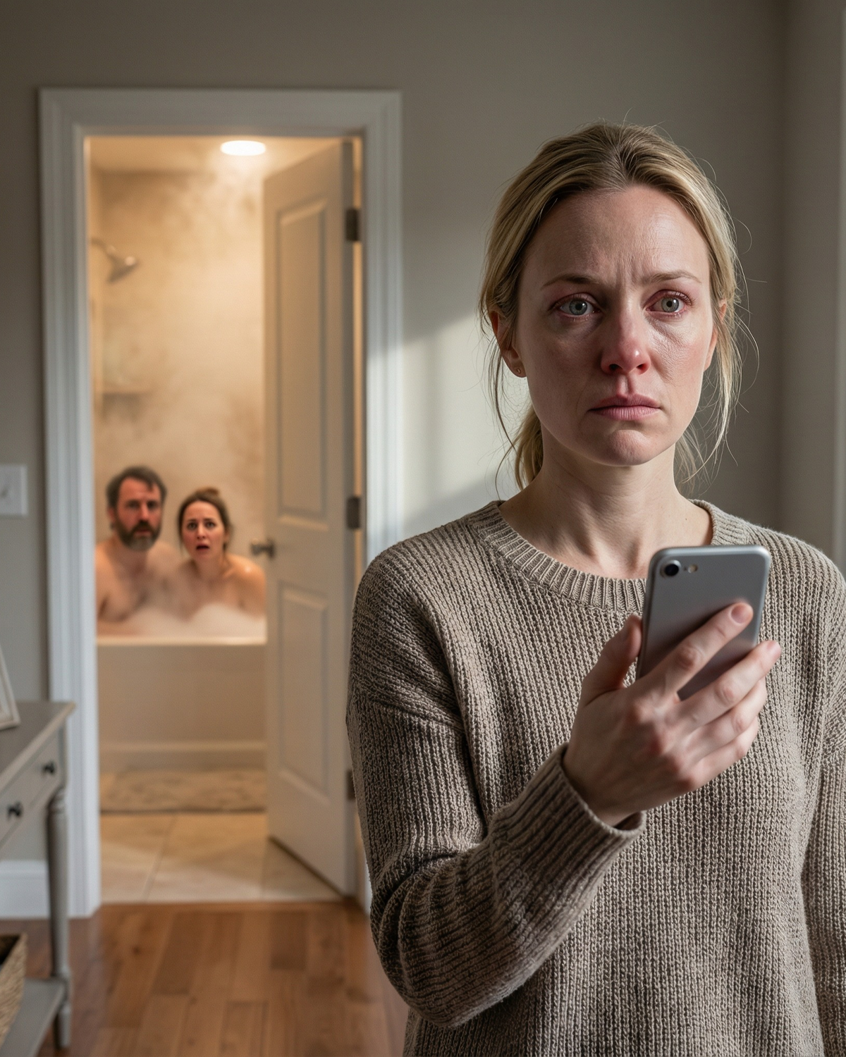 I came home at noon. The bathroom door was slightly openโฆ and I heard familiar laughter. As I walked closer, I saw my fiancรฉ sitting in the bathtub with my own sister. I didnโt scream. I simply locked the door, took out my phone, and called her husband: โCome over right now.