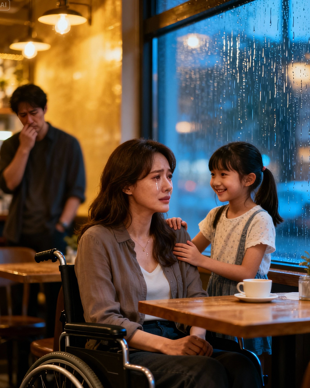 “MY DAD SAYS YOU’RE BEAUTIFUL,” THE LITTLE GIRL SAID—TO THE WOMAN IN THE WHEELCHAIR LEFT BEHIND ON A DATE Posted by  –  03/01/2026 Sofía kept her hands folded in her lap like if she held them tight enough, the humiliation wouldn’t leak out.  The chair across from her was empty.  Rodrigo’s chair.  And somehow, the longer it stayed empty, the bigger it looked—like a spotlight aimed directly at her.  Two hours picking a white dress that wouldn’t tangle in her wheels. Two hours practicing the transfer—bed to chair, chair to booth—until her arms trembled and her pride did too. Two hours whispering in the mirror: You deserve love. You deserve normal. You deserve this.  Rodrigo lasted exactly… forty-three minutes.  arrow_forward_iosRead more Pause   00:00 00:12 01:31 Mute  He didn’t even pretend well.  He mumbled something about “a work emergency,” wouldn’t meet her eyes, wouldn’t touch her hand, wouldn’t even take the lie slow enough to make it believable.  He left like her body was a trick he hadn’t agreed to.  Sofía didn’t chase him.  She didn’t beg.  She didn’t call him out.  Because she’d learned the rules of abandonment a long time ago:  If you leave first, it hurts less.  She stared at her untouched coffee while the Café Mirasol carried on around her—silverware clinking, laughter floating, rain tapping the windows like impatient fingers.  She blinked fast.  Too late.  A tear slid down anyway.  That’s when a tiny voice cut through the noise.   “Why are you crying?”  Sofía looked up.  A little girl stood beside her table, maybe five years old, with a ponytail that looked like it had been tied in a hurry and eyes that held no cruelty—only curiosity.   Then the girl said it again, like it was the simplest truth in the world:  “My dad says you’re beautiful.”  Sofía froze.   Her chest tightened like someone had reached inside and squeezed.  Before she could speak, a man hurried over—breathless, embarrassed.  “Luna—oh my God, I’m so sorry,” he said. “She shouldn’t—she didn’t mean—”   He crouched beside the little girl, trying to correct her gently.  “You can’t walk up to strangers like that, sweetheart. You have to ask first.”  “But she was crying, Daddy,” Luna insisted, pointing at Sofía like she was pointing at a flower. “And you said she was beautiful.”  The man shut his eyes for one second—like he’d just been caught telling the truth out loud.  Then he looked at Sofía.  And Sofía braced herself for the expression she knew too well—pity.  But it didn’t come.  What she saw in his face wasn’t discomfort.  It was… honesty.  “I’m really sorry,” he said softly. “My daughter has no filter.”  Sofía let out a small laugh—sharp, bitter, surprised.  “Kids don’t lie,” she said.  Rain pressed harder against the glass.  A few people nearby glanced over—because of course they did. There were always glances. Sofía had learned to live inside them like broken glass: careful, quiet, protected.  The man hesitated, then extended his hand—slowly, respectfully, not too fast, not too unsure.  “I’m Martín,” he said. “And this tornado is Luna.”  Luna smiled proudly.  Sofía shook his hand—and for once, the touch didn’t carry fear or awkwardness. It was just a handshake. Like her body wasn’t a puzzle the world had to solve.  “Sofía,” she said.  Luna lit up instantly.  “Sit with us!” she blurted. “I’m drawing. I can draw you!”  Sofía glanced at her table.  The empty chair.  Her phone.  Rodrigo’s name already blocked.  Inside her head, that familiar voice whispered:  Leave before you’re left.  It was the voice that made her quit jobs before managers could “have the talk.” The voice that made her cancel plans because the accessibility might be “a hassle.” The voice that convinced her loneliness was safer than hope.  But Luna stared at her like the world was simple.  And Sofía suddenly realized something terrifying:  She didn’t want simple.  She wanted real.  Sofía swallowed, her throat tight.  “I… don’t want to be alone,” she admitted.  Luna grinned like she’d just won a prize.  Martín moved chairs and cleared space without making it a performance. He didn’t act like he was “helping.” He acted like he was making room—because she belonged.  And for the first time that night, Sofía felt like she could breathe.  The Conversation That Slipped Into Something Bigger At first it was small talk.  Crayons. Rain. Pastries.  But broken people have a way of finding each other’s cracks without trying.  Martín had a laptop open—blueprints and clean lines.  “Architect?” Sofía asked, surprised.  He nodded. “Sustainable buildings.”  Luna colored with fierce focus, then said casually—like she was describing the weather:  “My daddy gets skinny when he’s sad. When he’s sad he forgets to eat.”  Martín rubbed his forehead.  “Luna…”  Sofía’s mouth moved before her brain could stop it.  “Why are you sad?” she asked.  Luna shrugged.  “He says he’s busy… but I think he misses my mom. She’s in the sky.”  The air changed instantly.  Sofía saw the wedding ring on Martín’s hand.  Saw the grief flicker across his face like a shadow.  “Isabel died three years ago,” Martín said, voice steady but empty. “Cancer.”  Sofía’s chest softened.  “I’m so sorry,” she whispered.  Martín let out a humorless breath.  “Everyone is,” he said. “People have a whole collection of phrases ready. They think grief is something you can wrap up if you say the right line.”  Sofía stared down at her hands.  “I lost things too,” she said quietly.  Martín didn’t ask what.  He didn’t demand the story.  He just looked at her like he understood the difference between curiosity and care.  And that—more than anything—made Sofía’s eyes sting again.   The Goodbye That Didn’t Feel Like an Ending When they left, Luna hugged Sofía without permission—tight and fearless, smelling like crayons and cookies.  Martín lingered.  He leaned closer and said, so only Sofía could hear:  “For what it’s worth… the guy who left? He’s an idiot.”  Sofía’s throat tightened.  “My daughter was right,” Martín added. “You’re beautiful. And anyone who can’t see it doesn’t deserve a minute of your time.”  Sofía watched them go.  And inside her stomach, something dangerous stirred.  Hope.  The kind of hope that’s scary—because it asks you to stay.  And Sofía had spent two years training herself to run.  The Part Where It Starts to Feel Real It began the way it always does when something matters:  late-night messages.  Photos of Luna’s drawings.  Long conversations about the city, grief, favorite places, and the quiet parts of loneliness.  Martín confessed that being a single dad was terrifying.  Sofía confessed her habit.  “I leave first,” she admitted. “Before people can leave me.”  Martín was quiet for a second.  “Does it work?” he asked.  Sofía swallowed.  “No,” she said. “I still get hurt. Just differently.”  Sunday came.  They met at a park.  Warm empanadas, coffee from a thermos, Luna running toward the swings.  Sofía braided Luna’s hair—gentle, practiced, like she’d always belonged in a moment like this.  Martín watched, and his voice dropped low.  “Thank you,” he said. “For not making it weird.”  Sofía looked up.  This wasn’t just a man.  This was a family with missing pieces.  And her fear rose like a wall.  But for the first time… she didn’t want to hide behind it.  The Night Sofía Realized Love Has Stairs Their first “real” date was at an elegant restaurant.  Sofía arrived late—because two taxis showed up without a ramp.  When she finally got there, Martín was waiting outside.  The second he saw her, his face changed.  Not disappointment.  Relief.  But then Sofía saw it.  The entrance.  Steps.  Of course there were steps.  That old humiliation pressed down on her again—having to ask permission just to exist.  A server offered, casually:  “There’s another entrance through the kitchen.”  Sofía’s cheeks burned.  Martín took her hand.  “Or,” he said, eyes steady, “I carry you.”  Sofía blinked.  “That’s… a lot,” she whispered.  Martín didn’t flinch.  “I want to,” he said. “Only if you want me to.”  For a second, Sofía felt fear.  Then she felt something else—something she hadn’t felt in years:  Safe.  “I want you to,” she said.  He lifted her carefully, like she was valuable, not fragile.  And Sofía closed her eyes for one second—just one—and let herself believe in the impossible:  That love could be steady.  That she could be held without shame.  The Villain Didn’t Arrive Screaming Patricia—Martín’s mother-in-law—arrived dressed in elegance and grief.  She didn’t shout.  She didn’t insult.  She did something worse.  She weaponized “concern.”  Over lunch she talked about stability. About what Luna needs. About how complicated life already is.  Then, when they were alone, she leaned in and delivered the sentence that stabbed Sofía in the softest place.  “Martín confuses rescuing with loving,” Patricia said gently. “Ask yourself… would he see you the same if you didn’t need rescuing?”  Sofía tried to brush it off.  But Patricia kept planting seeds.  And fear grows fast in people who have spent years being left behind.  The breaking point came outside Luna’s school.  Sofía heard Patricia speaking to another parent, voice low and sharp.  “Isabel would never have wanted Luna growing up thinking this is normal,” she murmured. “A mother in a wheelchair.”  Sofía went cold.  Luna stormed out of the school and stood in front of Sofía like a tiny shield.  “She’s not weird!” Luna shouted. “She’s Sofía!”  Patricia stiffened.  And Sofía understood something terrifying:  The fight wasn’t just about her.  It was about a child being taught that love has conditions.  Sofía Ran… Because That’s What She Always Did That night Patricia called with legal threats disguised as love.  “Assessments.” “Reports.” “Concerned parties.”  Martín was furious.  But Sofía saw something else—Luna questioned, stressed, pulled into adult war.  And Sofía’s old survival instinct kicked in.  The instinct that had kept her alive.  And kept her alone.  “You should take the Córdoba project,” Sofía told Martín, voice trembling. “Give Luna a few months without drama. Handle your family.”  Martín stared at her.  “That’s a lie,” he said quietly. “Sofía… you’re running.”   Sofía forced a smile.  “I’m being realistic.”  But she was already leaving—inside her chest, inside her future.  She blocked Martín.  She disappeared.  And the silence that followed wasn’t peace.  It was punishment.  The Twist: Luna Didn’t Let Her Disappear Two weeks later, Luna overheard Patricia speaking badly about Sofía on the phone.  Something broke in the little girl.  She ran.  Not far—just far enough to scare everyone.  Daniela—Sofía’s friend—found her crying on the sidewalk, clutching one sentence like a rope:  “I need Sofía.”  They drove to Sofía’s building.  When Sofía opened the door, Luna launched into her arms like she’d been drowning.  “Don’t listen to Grandma,” Luna sobbed. “She’s wrong. Daddy loves you. I love you for real.”  Sofía’s breath caught.  Then Martín arrived, pale with fear.  And behind him—Patricia, trembling, exposed, finally without control.  Luna pointed at her grandmother with devastating clarity.  “You’re the one making it bad,” Luna said. “You keep trying to erase people.”  Martín’s voice was calm, but it landed like thunder.  “Everything you do is for Isabel,” he said to Patricia. “But you’re not keeping her alive. You’re suffocating us.”  Patricia crumbled.  Not into manipulation.  Into truth.  “I’m scared,” she whispered. “I lost my daughter. And I can’t lose Luna too.”  Sofía wiped Luna’s tears with shaking fingers.  Then she looked at Patricia—not as an enemy, but as a woman terrified by grief.  “I’m not here to replace Isabel,” Sofía said softly. “Luna deserves to know her mom. To see photos, hear stories, keep her memory.”  She paused.  “But I can love Luna without erasing Isabel. Both things can be true.”  The room fell quiet.  Not tense.  Possible.  Martín exhaled like he’d been holding his breath for years.  “One condition,” Martín said, voice firm. “Therapy. Real help. Real change.”  Patricia nodded through tears.  “I’ll do it,” she whispered.  And Sofía realized: this wasn’t just about being accepted.  It was about building something new—something honest.  The Ending: Back at the Same Café, With a Different Life A year later, they went back to Café Mirasol.  Same warm lighting. Same rain-speckled windows. Same table near the corner.  But this time, Sofía wasn’t staring at an empty chair.  Luna—six now—sat across from her, legs swinging, mouth full of cake, laughing like the world had never hurt anyone.  Martín was beside Sofía with rolled-up blueprints.  And Patricia arrived carrying a small gift bag—no stiffness, no performance.  Just effort.  Just change.  Luna jumped up and grabbed both their hands—one in each of hers.  “Come on!” she demanded. “We’re going outside!”  “It’s raining,” Martín said.  “So?” Luna replied, like the universe was being dramatic for no reason. “We’re going to look for ducks.”  Sofía laughed.  A real laugh.  She looked at her reflection in the café window.  Same woman.  Different life.  And she remembered that first day—her tears, the empty chair, the fear.  She remembered Luna’s words:  “My dad says you’re beautiful.”  But now, Sofía understood the deeper truth:  Sometimes the miracle isn’t that someone sees beauty in you.  Sometimes the miracle is that you finally stop running long enough to believe you deserve it.  Martín squeezed her hand.  “What are you thinking about?” he asked.  Sofía breathed in, slow.  “That the worst beginnings,” she said softly, “sometimes hide the best endings.”  Luna pulled them toward the door like happiness was an urgent mission.  And they followed.  Not perfect.  Not healed forever.  But together.  Because real love doesn’t promise you won’t be afraid.  It promises you won’t have to face your fear alone.  — The Ducks, The Storm, and the Second Chance The rain wasn’t gentle.  It came down in sharp lines that turned the sidewalk into a mirror and made the city feel like it was holding its breath.  Luna didn’t care.  She marched forward under the umbrella like a tiny general on a mission, dragging Martín and Sofía behind her.  “We’re finding ducks,” she announced.  Martín tried to sound practical. “Ducks don’t come out in storms.”  Luna pointed at a puddle the size of a bathtub. “That’s basically a lake.”  Sofía laughed, and the sound surprised her—because it didn’t have that careful edge anymore. It didn’t sound like someone practicing happiness. It sounded like someone living it.  They found no ducks.  But they found something else.  A little covered bench near the park fence. The kind of bench people ignored because it wasn’t pretty, wasn’t new, wasn’t part of the city’s “highlight reel.”  Luna climbed up, soaked, proud, grinning. “This is our duck headquarters.”  Martín wiped rain from his forehead. “We’re going to get sick.”  Sofía, still smiling, said quietly, “No.”  Martín looked at her. “No?”  Sofía’s voice softened but didn’t shake. “We’re going to be okay.”  And Martín… Martín didn’t argue. Because he heard what she really meant:   She wasn’t leaving. Not this time.  PART 3 — Patricia’s “Concern” Becomes a Courtroom Threat The peace didn’t last long.  It never does when someone has spent years controlling a story.  Two days after the park, Patricia called Martín.  She didn’t scream. She didn’t insult. She didn’t even blame.  She said it the way people say “I’m just trying to help.”  “I spoke to a family attorney,” Patricia said. “Just to understand options.”  Martín went still. “Options for what?”  “For Luna,” Patricia replied. “If this situation becomes unstable.”  Sofía heard every word from the kitchen doorway.  Unstable.  Like she was a weather problem.  Sofía didn’t interrupt. She waited until Martín hung up. Then she rolled into the living room and said something that made Martín’s eyes widen.  “Let her try,” Sofía said.  Martín blinked. “What?”  Sofía’s fingers tightened around her wheel rim—steady. Focused. The way they got when she was done being afraid.  “I spent years running,” she said. “Patricia’s counting on that. She thinks I’ll disappear the moment she pushes.”  Martín’s jaw clenched. “She’s using grief as a weapon.”  Sofía nodded. “Then we stop letting grief drive the car.”  She reached into her bag and pulled out a folder.  Martín stared. “What’s that?”  Sofía met his eyes. “My life. On paper.”  Medical documentation. Occupational evaluations. Character references. Letters from her clients. Proof of stability. Proof of structure. Proof that she wasn’t “a risk”—she was a person.  “I’m done being defenseless,” she said.  And Martín realized something with a sharp, aching clarity:  Sofía wasn’t just staying.  She was standing her ground.  PART 4 — The Man From the Empty Chair Returns Rodrigo came back like a ghost with good timing.  It happened at an accessibility planning meeting—one Sofía had started attending as a consultant.  She was speaking—calm, clear, unapologetic—about ramps that didn’t feel like “back entrances,” about signage that didn’t treat people like afterthoughts.  And then she heard it.  A chair scraping behind her.  A voice she hadn’t heard since the night her dignity had been left on a café table.  “Sofía?”  She turned.  Rodrigo stood there, holding a coffee like he had every right to be in her space.  His smile was small, rehearsed. “I didn’t know you did… all this.”  Sofía didn’t feel the old sting.  She felt something colder: clarity.  Rodrigo tried to sound charming. “I’m sorry about that night. I panicked. I wasn’t ready.”  Sofía’s lips pressed together. “No,” she corrected. “You weren’t kind.”  Rodrigo’s face twitched. “That’s not fair.”  Sofía nodded, almost gentle. “It’s the fairest thing anyone’s said to you.”  He stepped closer. “Maybe we could talk. Start over.”  That’s when Martín appeared beside her, quiet but present.  Not possessive.  Not dramatic.  Just there.  Rodrigo’s eyes flicked to Martín. “Oh. So you moved on.”  Sofía didn’t even blink. “I moved forward.”  Rodrigo, desperate for control, said the thing people say when they’re losing:  “She’ll make your life complicated.”  Martín looked at him like he was studying bad architecture.  “She made my life bigger,” Martín said, simple and final.  Rodrigo opened his mouth.  But there was nothing left to say.  Because some doors don’t slam.  They simply close.  And they don’t reopen.  PART 5 — The Day Patricia Finally Sees Sofía The “family attorney threat” didn’t turn into a lawsuit.  Because therapy did what fear couldn’t: it forced Patricia to tell the truth.  Not the polished truth she used at lunch.  The ugly truth she avoided in the mirror.  Patricia confessed it during a session Martín insisted they attend together.  “I keep seeing Isabel in Luna,” Patricia said, voice cracking. “And every time Luna laughs, I hear my daughter’s laugh. And I can’t breathe.”  Sofía’s chest tightened—not with anger, but understanding.  Patricia looked at Sofía then, really looked, and whispered:  “I blamed you because you were visible.”  Sofía nodded. “And you were terrified.”  Patricia’s tears came quietly. “I thought… if Luna attached to you, she’d forget her mother.”  Sofía’s voice stayed soft, but it didn’t shrink.  “She won’t forget Isabel,” Sofía said. “Because we won’t let her.”  Patricia swallowed. “You’d do that?”  Sofía answered without hesitation. “I’d honor her.”  For the first time, Patricia’s fear shifted into something else:  Respect.  It wasn’t a magical redemption.  It was slow. Awkward. Human.  But it was real.  PART 6 — The School Play and the Moment Sofía Almost Breaks Again Luna’s school announced a “Family Day” performance.  Parents. Guardians. “Special guests.”  Sofía smiled at the announcement and pretended it didn’t scare her.  But fear has a sound.  It lives in the silence after bedtime.  It whispers:  What if they stare? What if someone says something? What if Luna gets teased?  The night before the performance, Sofía sat in the dark living room, lights off, hands still.  Martín found her.  He didn’t ask what was wrong.  He just sat next to her.  After a long time, Sofía whispered, “I don’t want to be the reason she gets hurt.”  Martín’s voice was steady. “You’re not the reason. Cruelty is the reason.”   Sofía’s throat tightened. “And if she has to defend me again?”  Martín reached for her hand—not to fix her, just to hold her.  “Then we teach her she never has to defend love,” he said. “Love defends itself.”  The next day, Sofía went.  She rolled into the school auditorium and felt the eyes immediately.  A familiar heat rose in her face.  Then Luna walked onto the stage.  And spotted Sofía.  And smiled like Sofía was the safest thing in the room.  Halfway through the performance, a boy in the front row whispered something—snickering.  Sofía felt her stomach drop.  Patricia—sitting two seats away—turned her head slowly and looked at the boy’s mother with a stare so sharp it could’ve cut stone.  The mother went pale.  The whisper stopped.  And Sofía realized, stunned:  Patricia wasn’t her enemy anymore.  Patricia was her shield.  When the show ended, Luna ran straight to Sofía, threw her arms around her neck, and announced loudly:  “This is Sofía. She’s my family.”  And Sofía, for the first time in years, didn’t feel like running.  FINAL — The New Café Moment, The Proposal, The Real Ending They returned to Café Mirasol on the anniversary of the night everything began.  Same warm lights. Same rain. Same smell of coffee and sugar.  But Sofía’s heart didn’t brace for impact anymore.  Luna slid a drawing across the table.  It was a picture of three stick figures.  One with big hair.  One tall.  One small.  And a fourth figure beside them—smaller, with a halo.  Luna pointed proudly. “That’s my mom in the sky. She watches.”  Sofía’s eyes stung.  Martín’s hand covered Luna’s gently. “Yes,” he said. “She does.”  Patricia arrived with a small box.  Not jewelry.  Not anything flashy.  Inside were laminated photos of Isabel—young, laughing—plus a little note written in careful handwriting.  “For Luna. So she always knows where she came from.”  Patricia looked at Sofía. “Thank you,” she said quietly. “For making room for my daughter’s memory instead of competing with it.”  Sofía swallowed. “Thank you… for choosing healing.”  Luna, bored with adult feelings, stood up. “Okay. Now the best part.”  “The cake?” Martín guessed.  Luna shook her head like he was ridiculous. “No. The ducks.”  Sofía laughed. “We never found ducks.”  Luna leaned in, serious. “Then we look harder.”  They walked outside under one umbrella.  Rain dotted Sofía’s sleeves.  Martín pushed the chair with a gentleness that never asked permission.  Luna marched ahead like the world belonged to her.  At the edge of the park, near the pond, Luna suddenly froze.  “DUCKS!” she screamed.  Two ducks floated out from under a bush like they’d been waiting for applause.  Luna clapped so hard her hands turned pink.  Sofía’s chest tightened—not with fear, but with something tender and heavy.  Martín stopped behind her, quiet.  Then he said, softly, like he was afraid to scare the moment away:  “Sofía… I don’t want you to ever think you’re temporary here.”  Sofía looked up at him.  Rain slid off the umbrella.  The city blurred around them.  Martín didn’t kneel.  He didn’t make it dramatic.  He just took her hand, eyes steady, and said:  “Will you keep choosing us? Even when it’s hard?”  Sofía’s breath caught.  A year ago she would’ve run.  Two years ago she would’ve laughed bitterly and told herself it was a trap.  But now—  She saw Luna’s face.  She saw Patricia learning.  She saw Martín showing up.  And she saw herself… staying.  “Yes,” she said, voice shaking but sure. “I’ll stay.”  Luna turned around, suspicious. “Are we doing a family thing?”  Martín smiled. “Yes.”  Luna nodded like that solved everything. “Good. Because ducks like families.”  Sofía laughed through tears.  And for once, she didn’t feel like a woman in a wheelchair trying to fit into someone else’s world.  She felt like a woman building her own—one that had room for everyone.  Under the rain, with ducks floating nearby and a little girl holding their hands, Sofía finally understood the real ending:  Not that she was “saved.”  Not that love “fixed” her.  But that she stopped believing she had to disappear to deserve staying.  And that was the happiest ending of all.