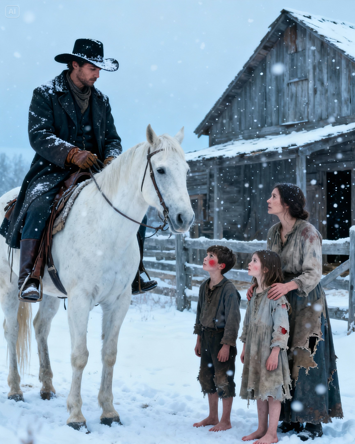 “Are You Santa? We Haven’t Eaten in Three Days,” the Little Girl Asked — And the Lone Cowboy Felt His Chest Split Open in the Snow