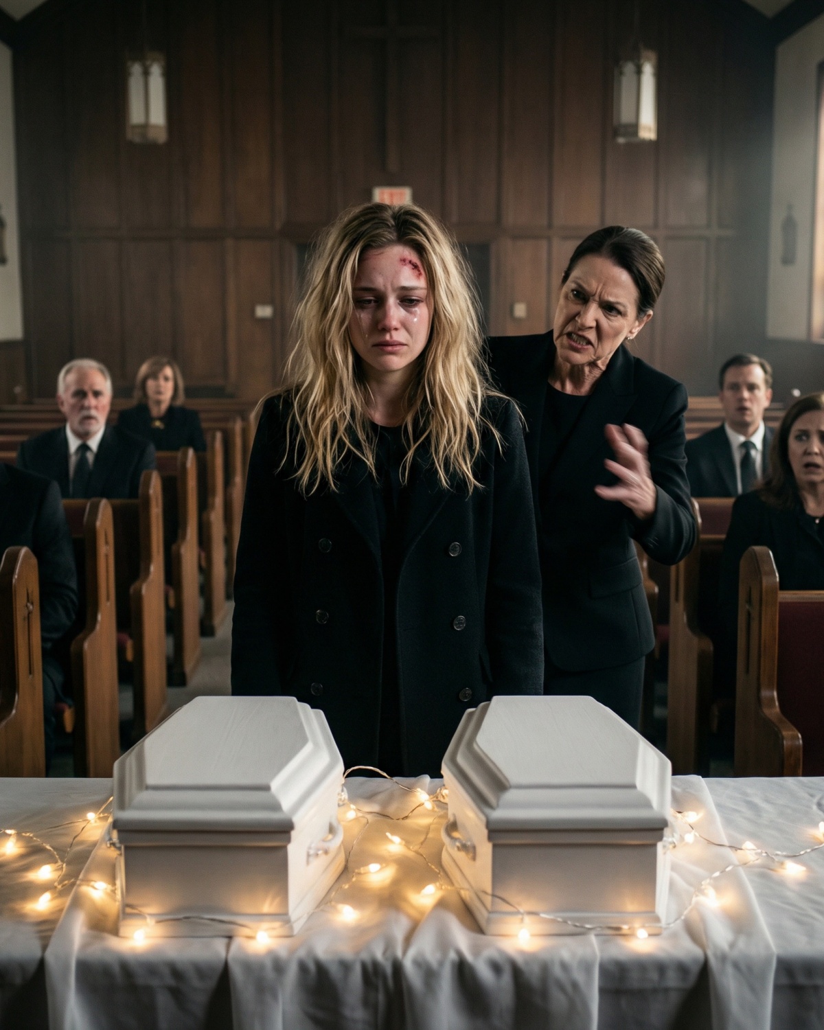 At my twin babies’ funeral, as their tiny coffins lay before me, my mother-in-law leaned close and hissed, “God took them because He knew what kind of mother you were.” I snapped, sobbing, “Can you shut up—just for today?”