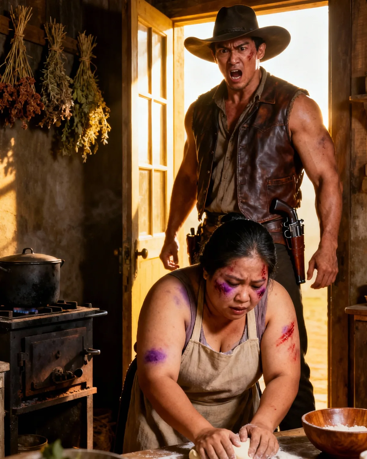 A Giant Cowboy Noticed Finger Marks Burning on His Cook’s Face—And the Choice He Made That Morning Didn’t Just Change Her Life, It Split an Entire Town Wide Open