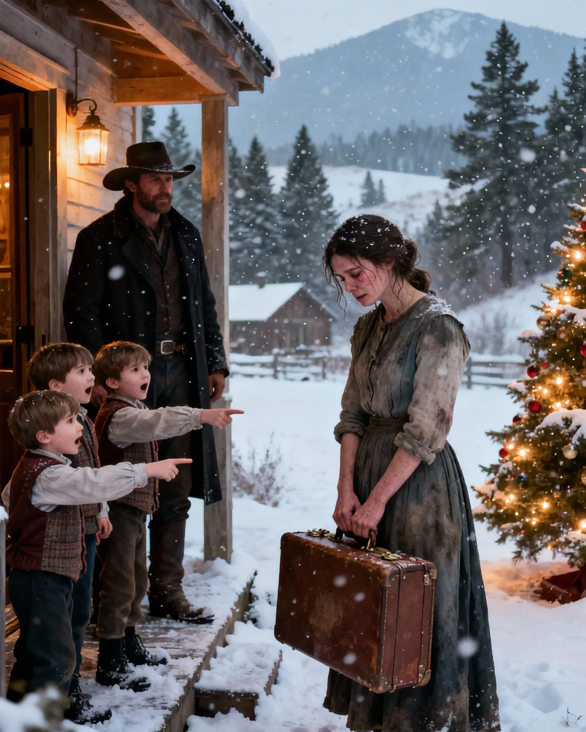 A Christmas Blizzard Stranded Her on a Frozen Road — What She Found Behind One Rancher’s Door, and the Three Small Voices That Begged Him “Please, Don’t Send Her Away,” Changed All of Their Lives Forever