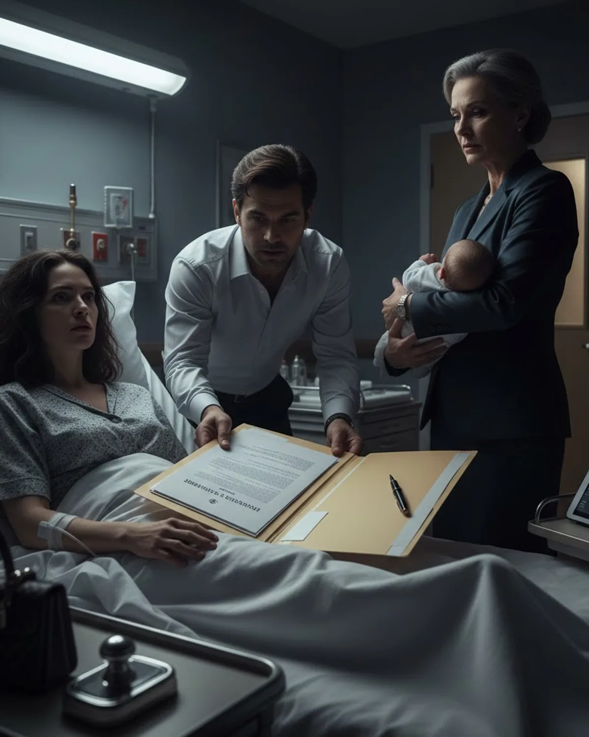 After a difficult delivery, I was still lying in bed with an IV in my arm when my husband brought his parents into the hospital room. They spoke to each other as if I didn’t exist.  My mother-in-law placed a stack of documents in front of me and told me to sign them—transferring ownership of the company shares I had inherited from my father to my husband, “so the family could manage the finances more easily.”  When I weakly said no, my husband leaned in and whispered, “Don’t make this awkward.”  Moments later, my mother-in-law picked up my newborn, turned her back to me, and said, “She needs a stable family. Do you really think you’re in a position to set conditions?”  In that moment, I understood that this marriage had never been a place of safety—and that giving birth had only turned me into a hostage.