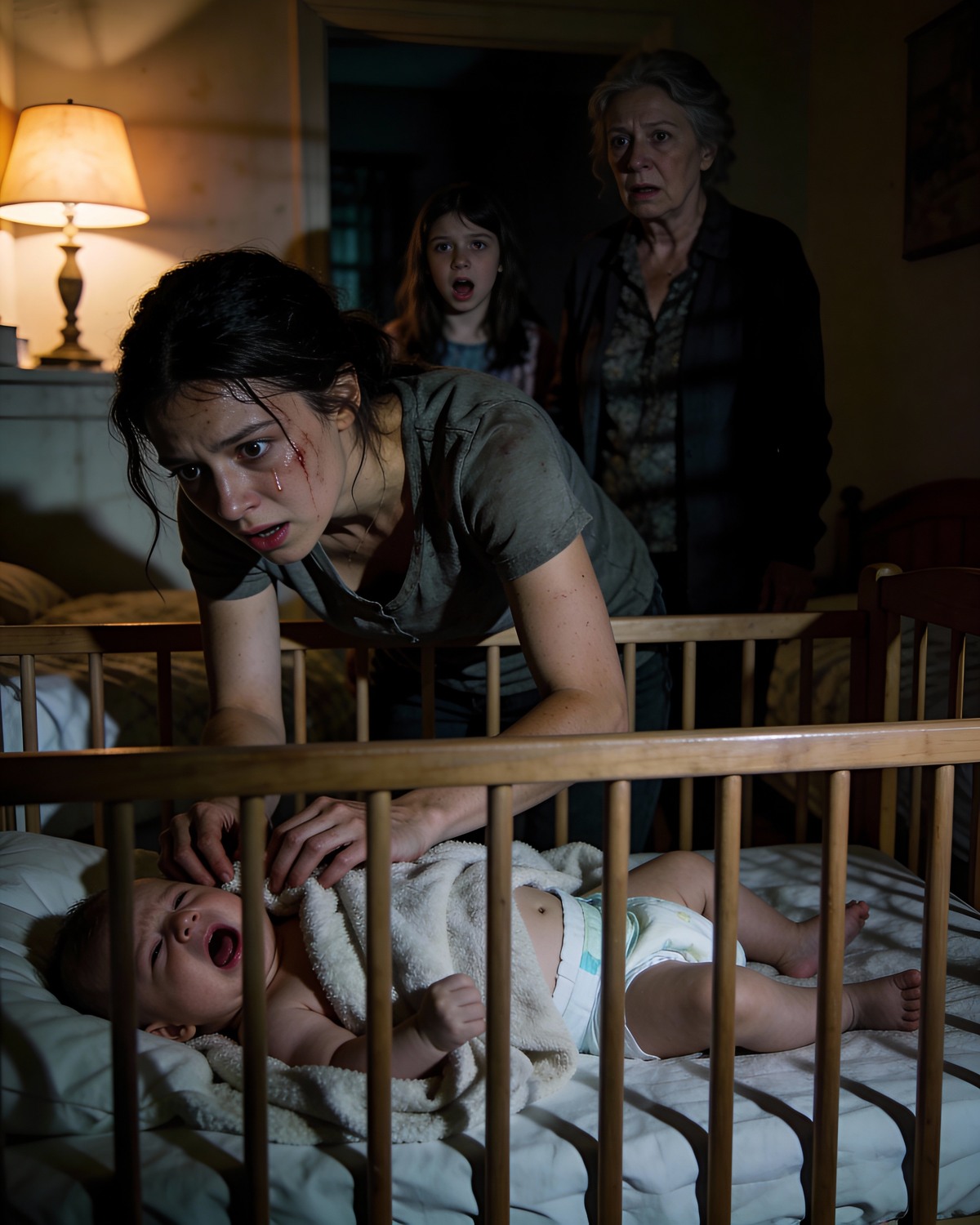 The baby’s cries filled the room, relentless and desperate.