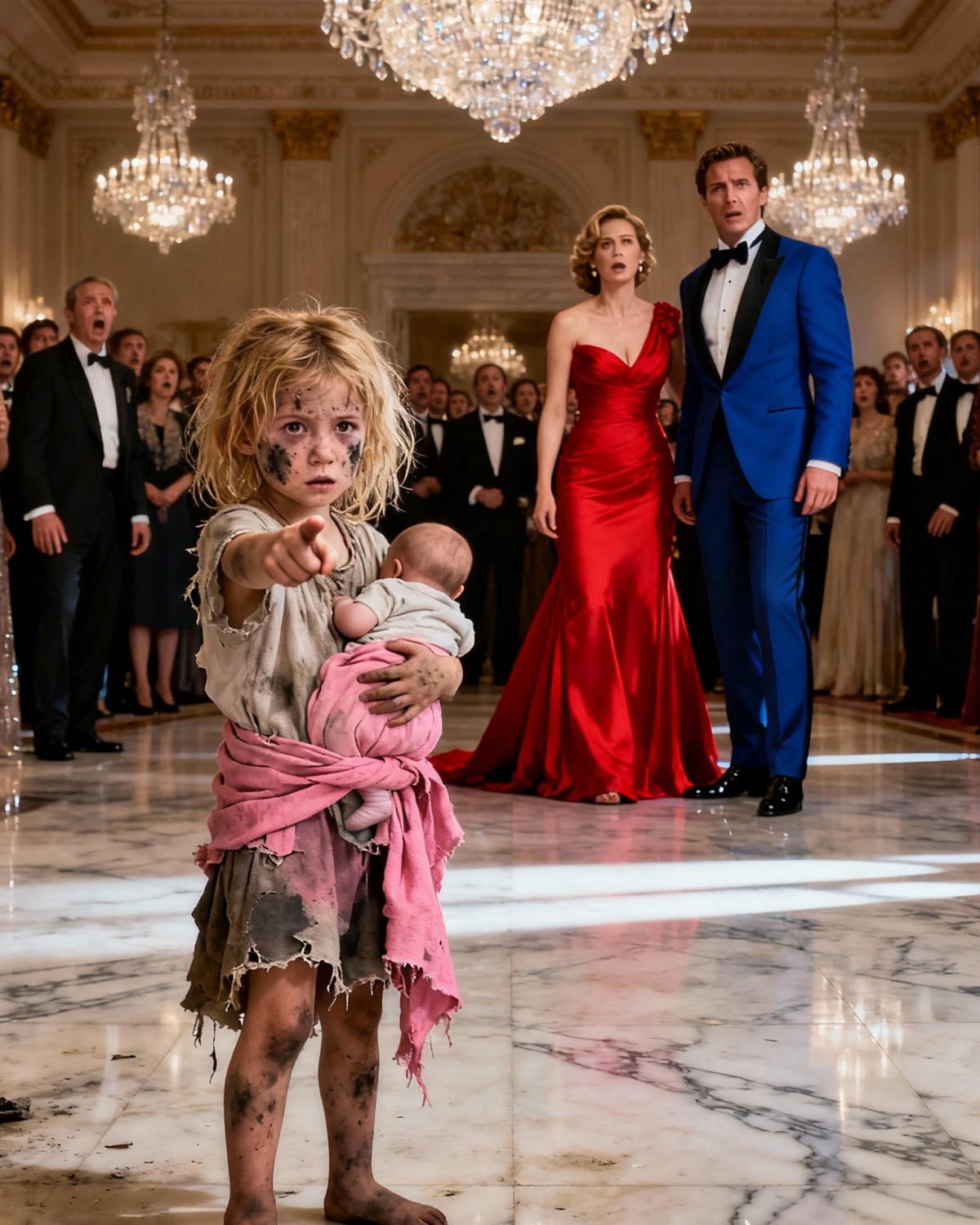 A billionaire was celebrating his engagement… until a homeless girl burst into the party with a baby in her arms and pointed at the bride, freezing the entire room in place…