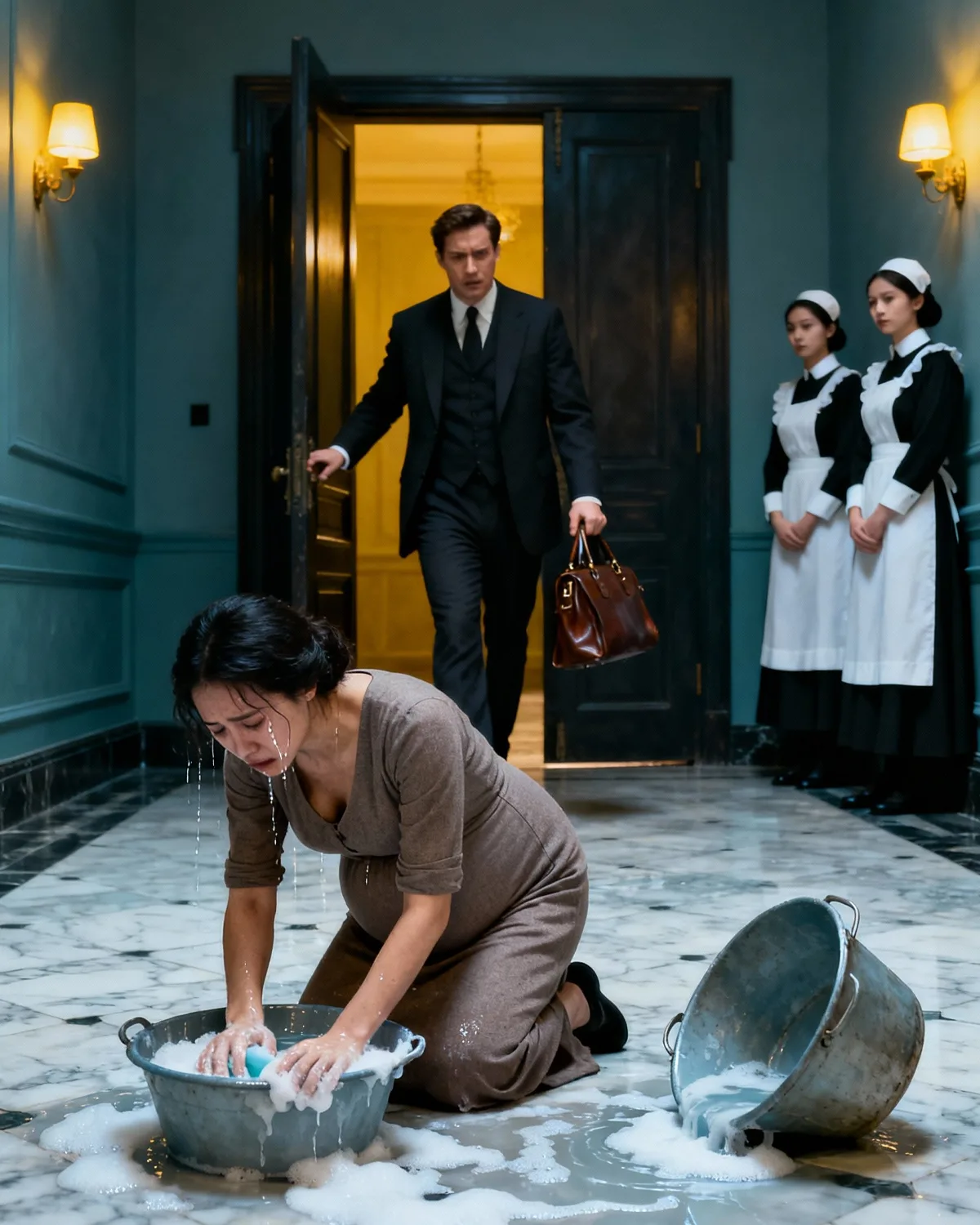 I returned home early to surprise my wife, eight months pregnant, and instead found her on her knees scrubbing the floor while my staff looked on. What I uncovered afterward wasn’t just shocking—it completely shattered everything I thought I knew