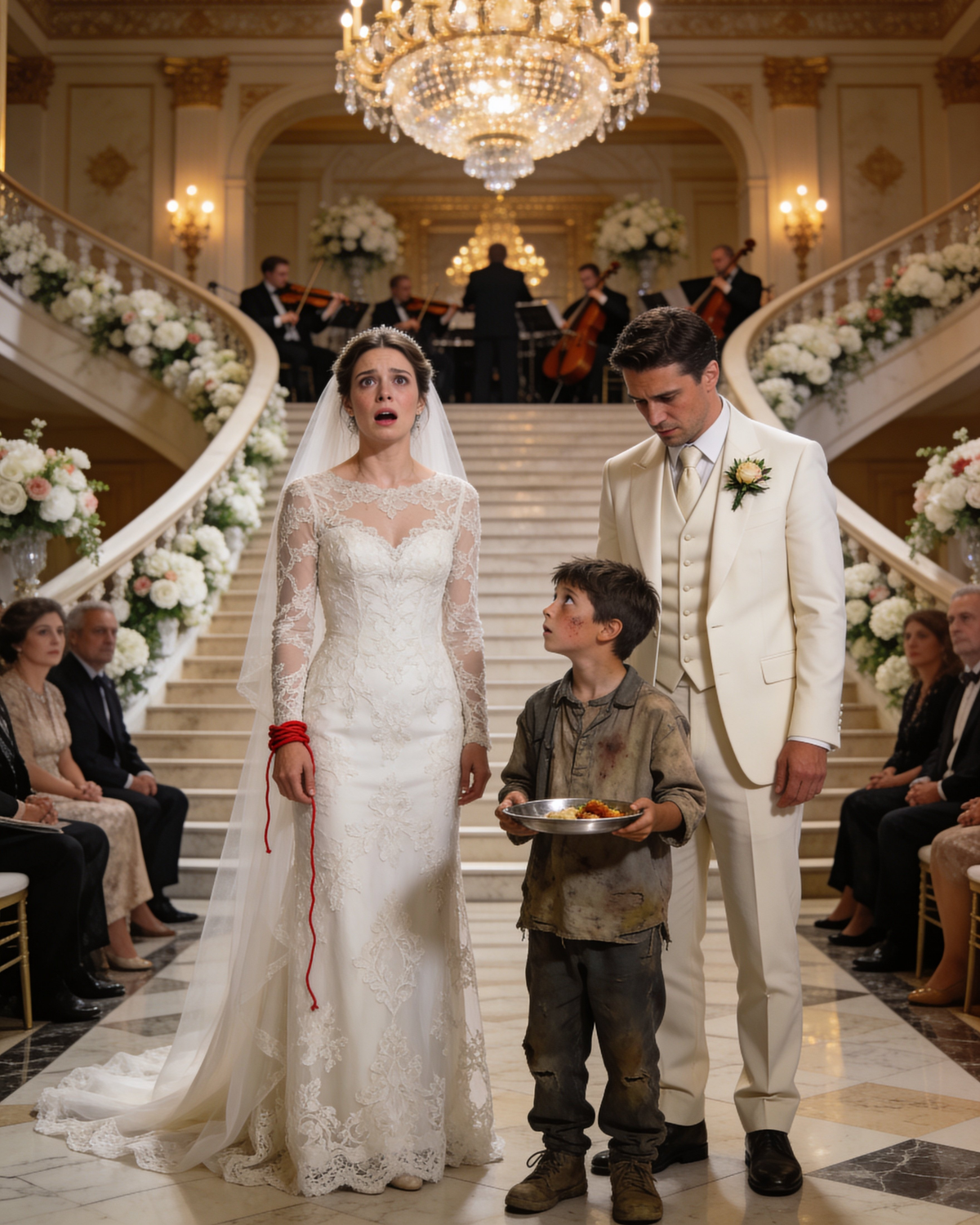 While begging for food at a luxury wedding, a boy recognized the bride as his lost mother… and the groom’s reaction left the entire hall in tears.
