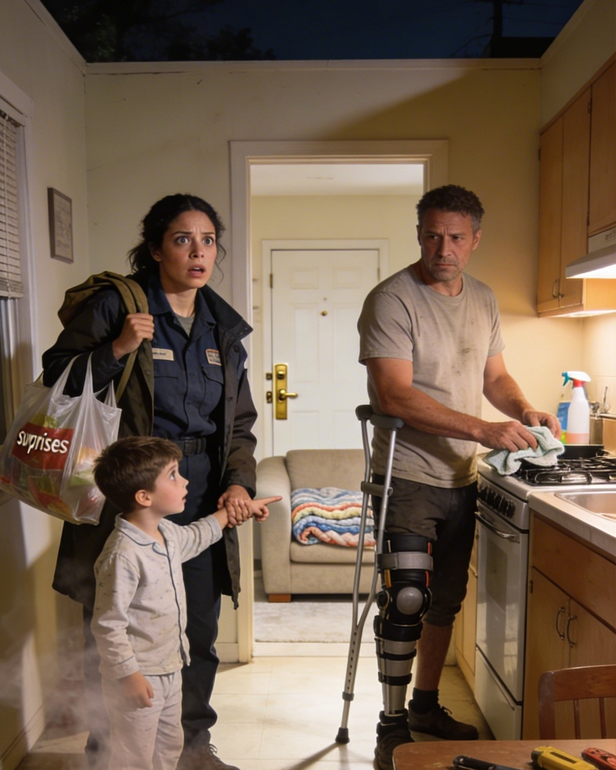 I took in a homeless man with a leg brace for one night because my son couldn’t stop staring at him in the cold. I left for work the next morning expecting him to be gone by evening. When I came back exhausted, my apartment didn’t look the same—clean counters, trash out, the door fixed, food simmering on the stove. The surprise wasn’t magic. It was proof he’d been useful long before he was homeless.