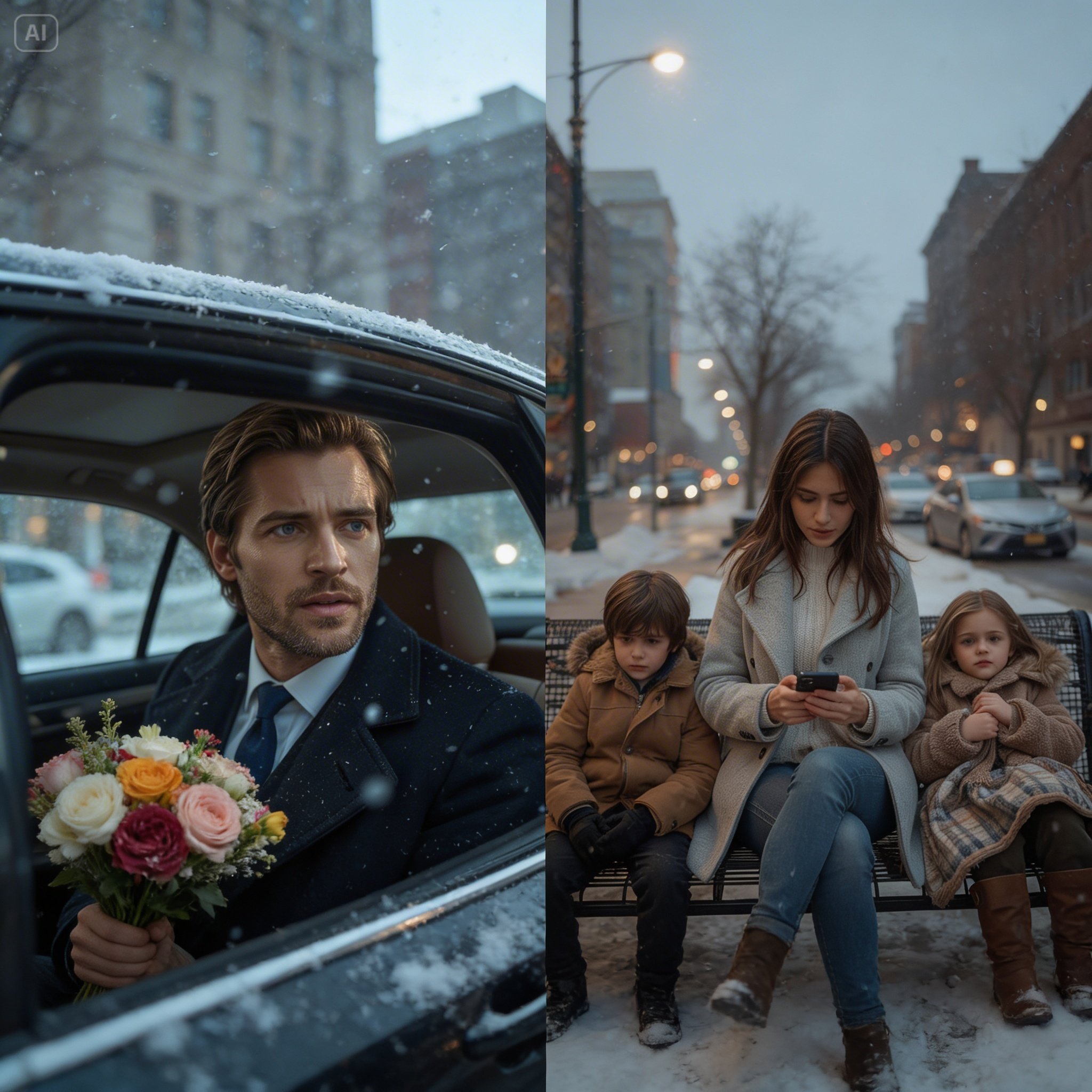 Billionaire stunned to see his ex-lover and twins on a park bench — texting for shelter in the cold