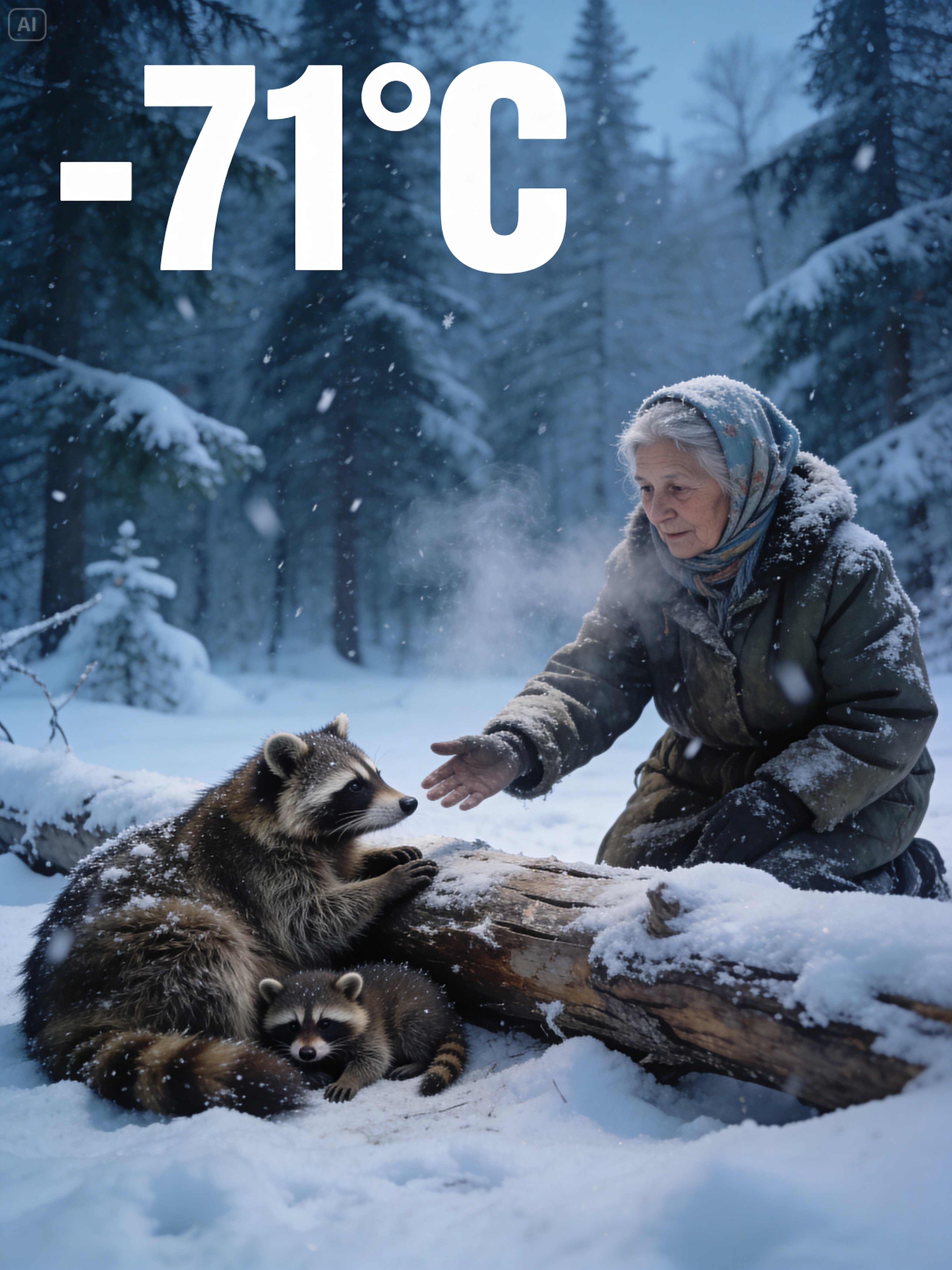 A 70-Year-Old Woman Saved a Freezing Raccoon Dog and Her Pup from -71°C Siberian Ice