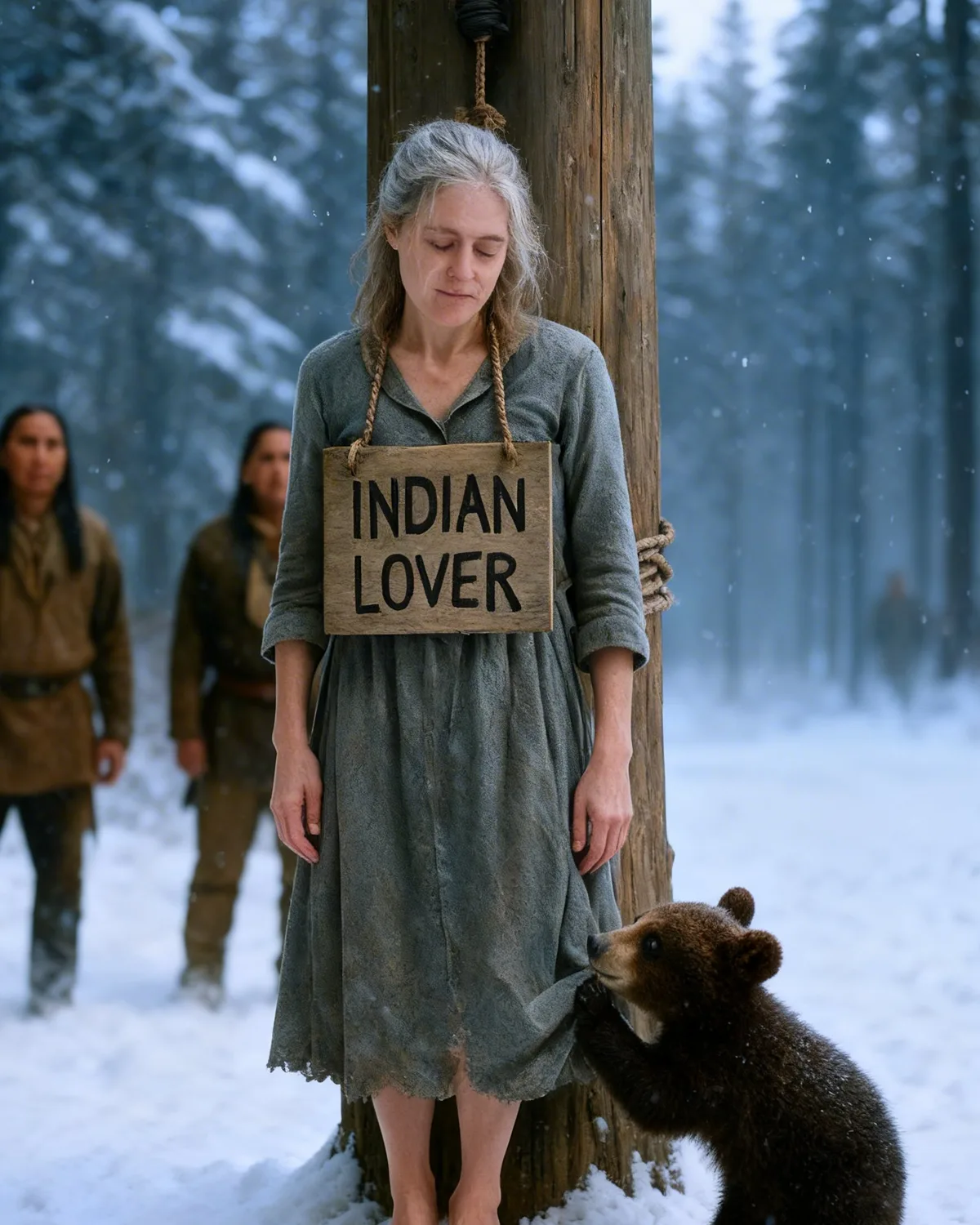 They Hung Her With a Sign That Said โIndian LoverโโUntil a Bear Cub Pulled at Her Dress