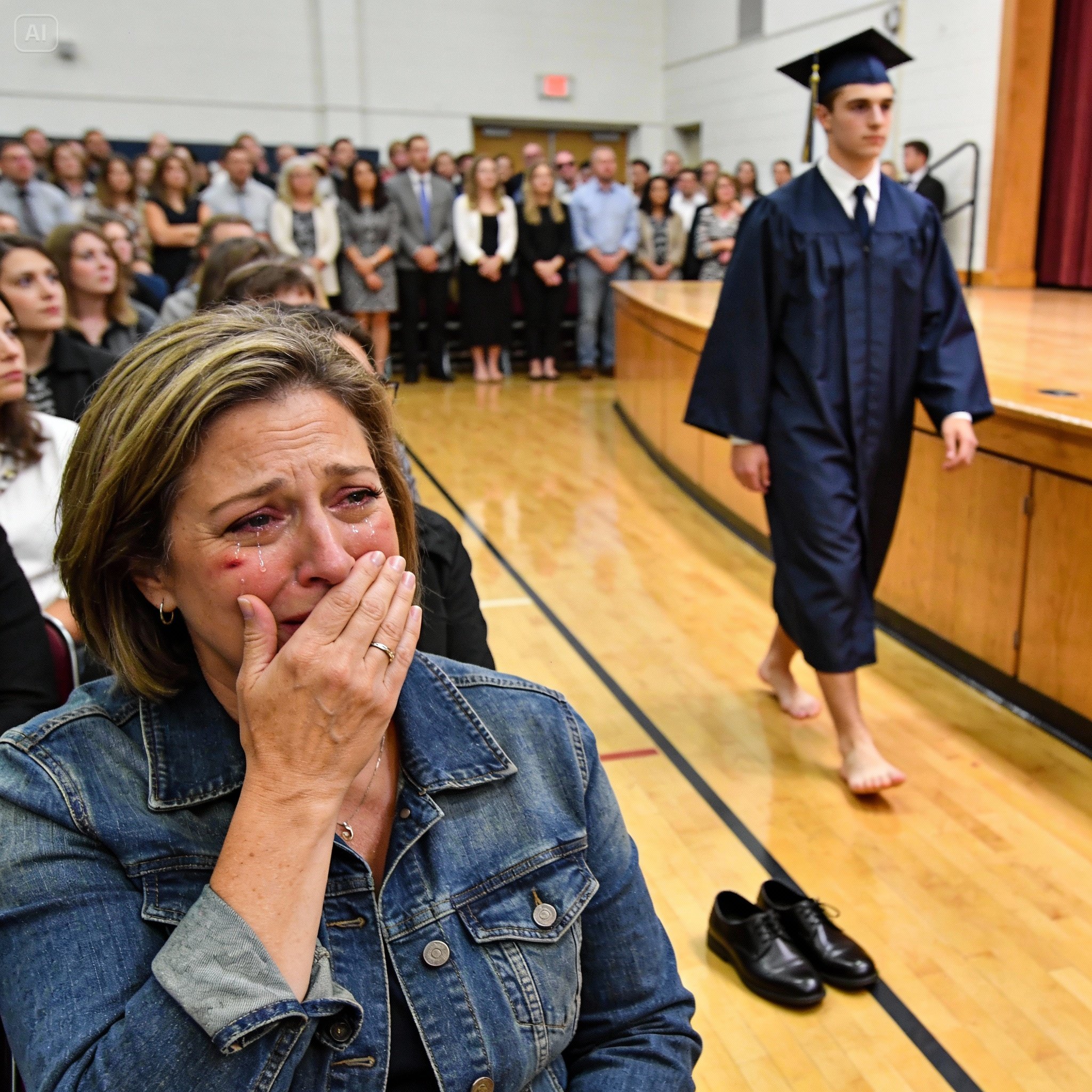 “I Worked Two Jobs to Raise My Son Alone — And at His Graduation, He Took Off His Shoes, Walked Barefoot Across the Stage, and Made an Entire Auditorium Stand in Silence Before Applause