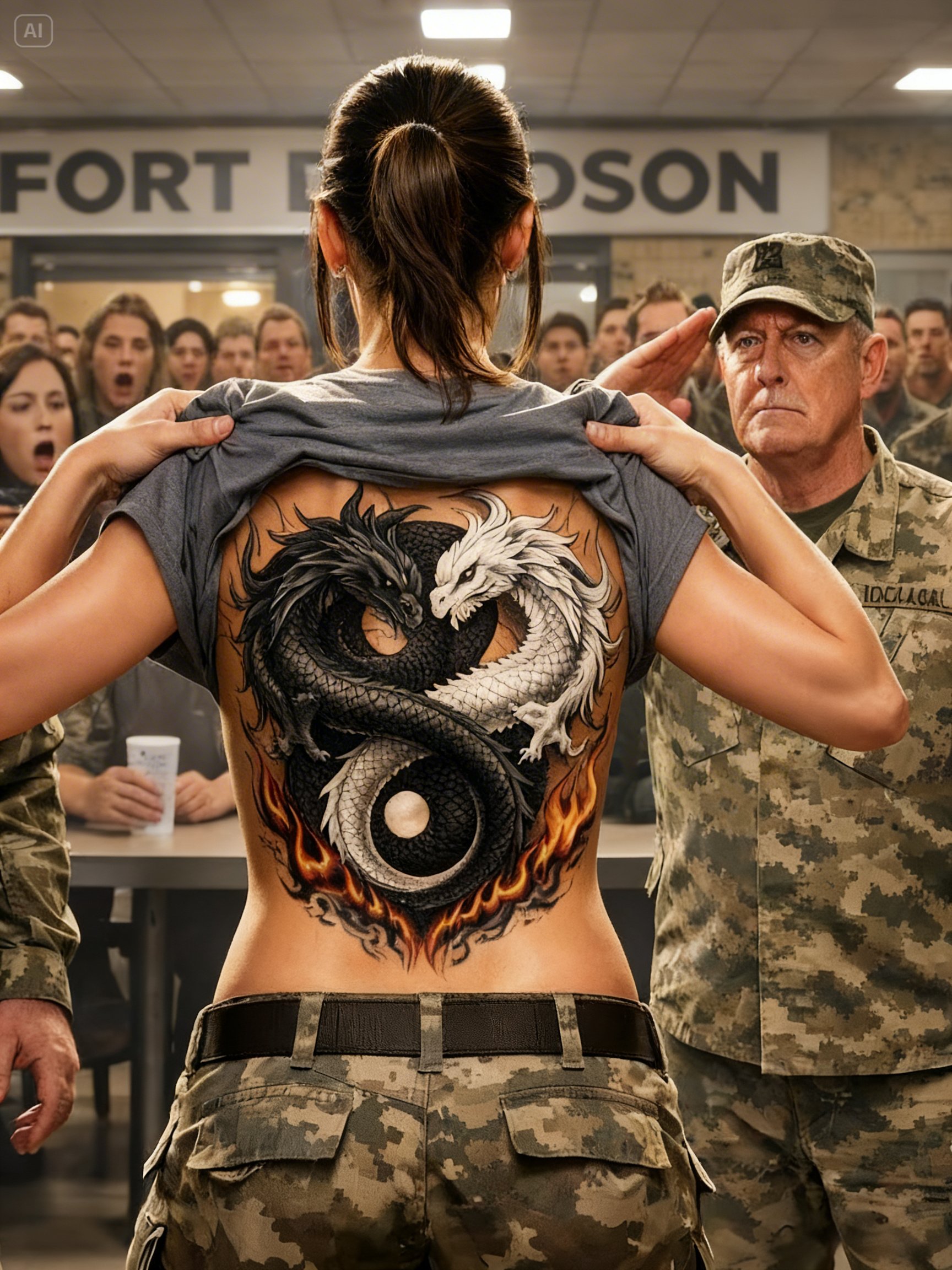 A Sergeant Humiliated Her in the Mess Hall —Then Her Navy SEAL Dragon Tattoo Froze the Military Base