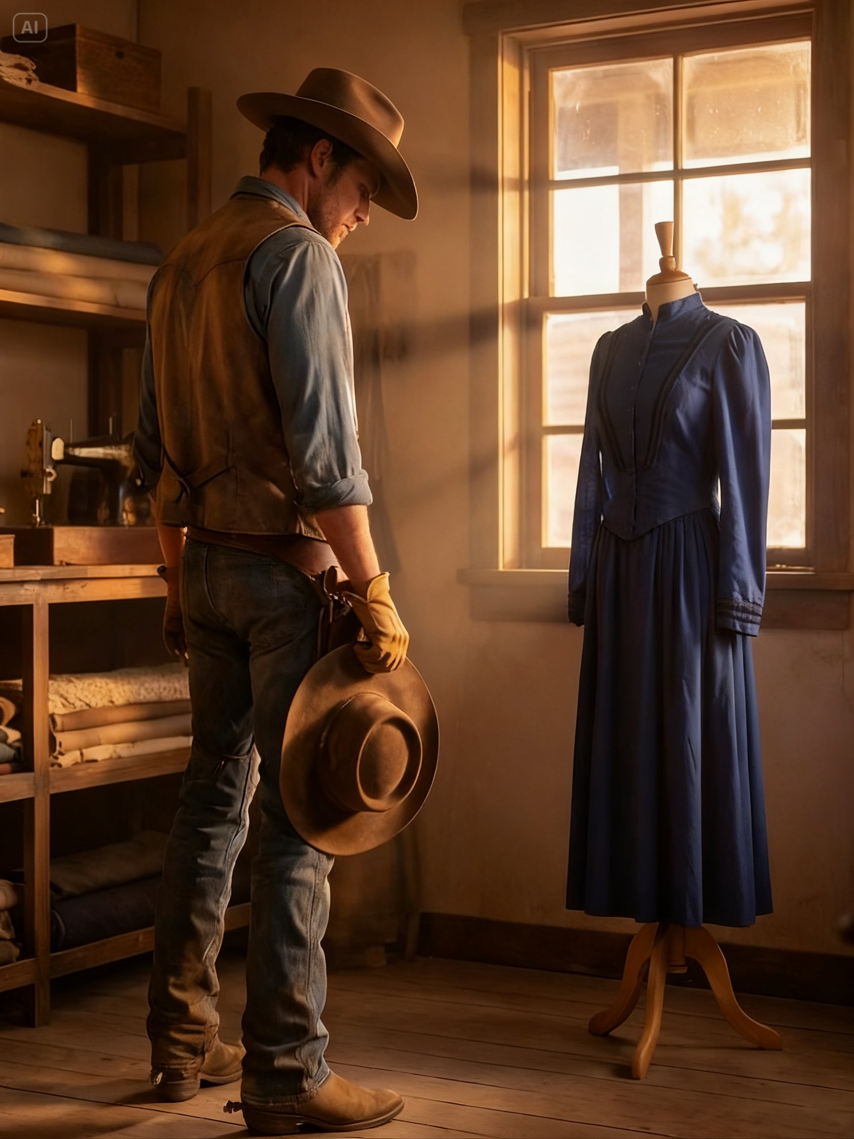 A Lone Cowboy Tracked a Mystery Woman in a Blue Dress After Visiting a Dressmaker