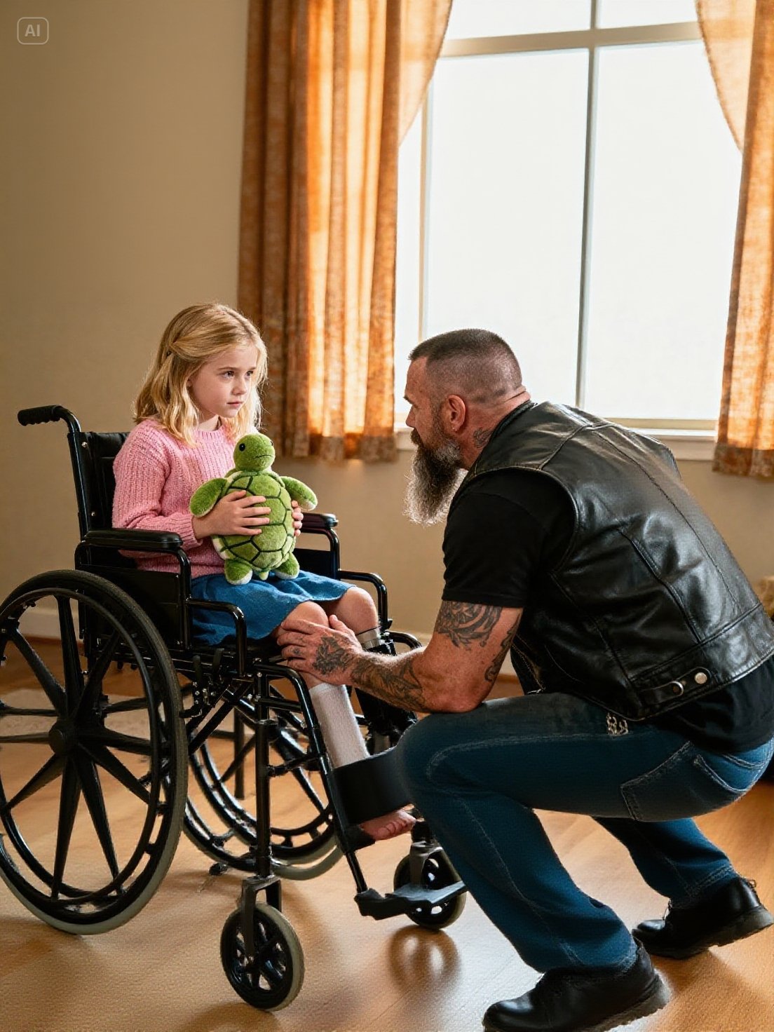 Hells Angel Tries to Adopt a Poor Girl in a Wheelchair โ Her Words Leave Him in Tears