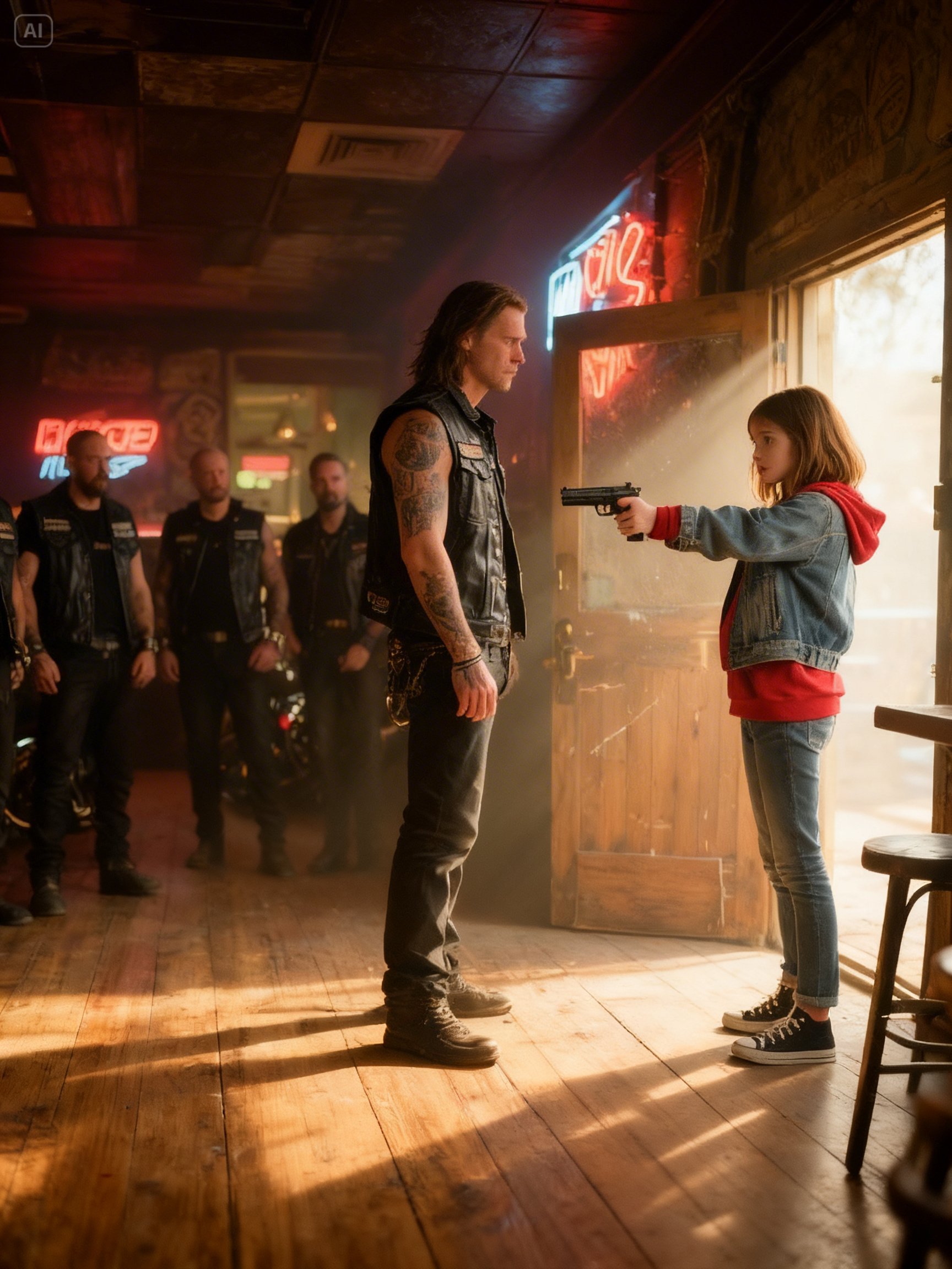 THE LITTLE GIRL AIMED A GUN AT THE BIKERS – THEN DEMANDED TO KNOW WHO HER FATHER WAS