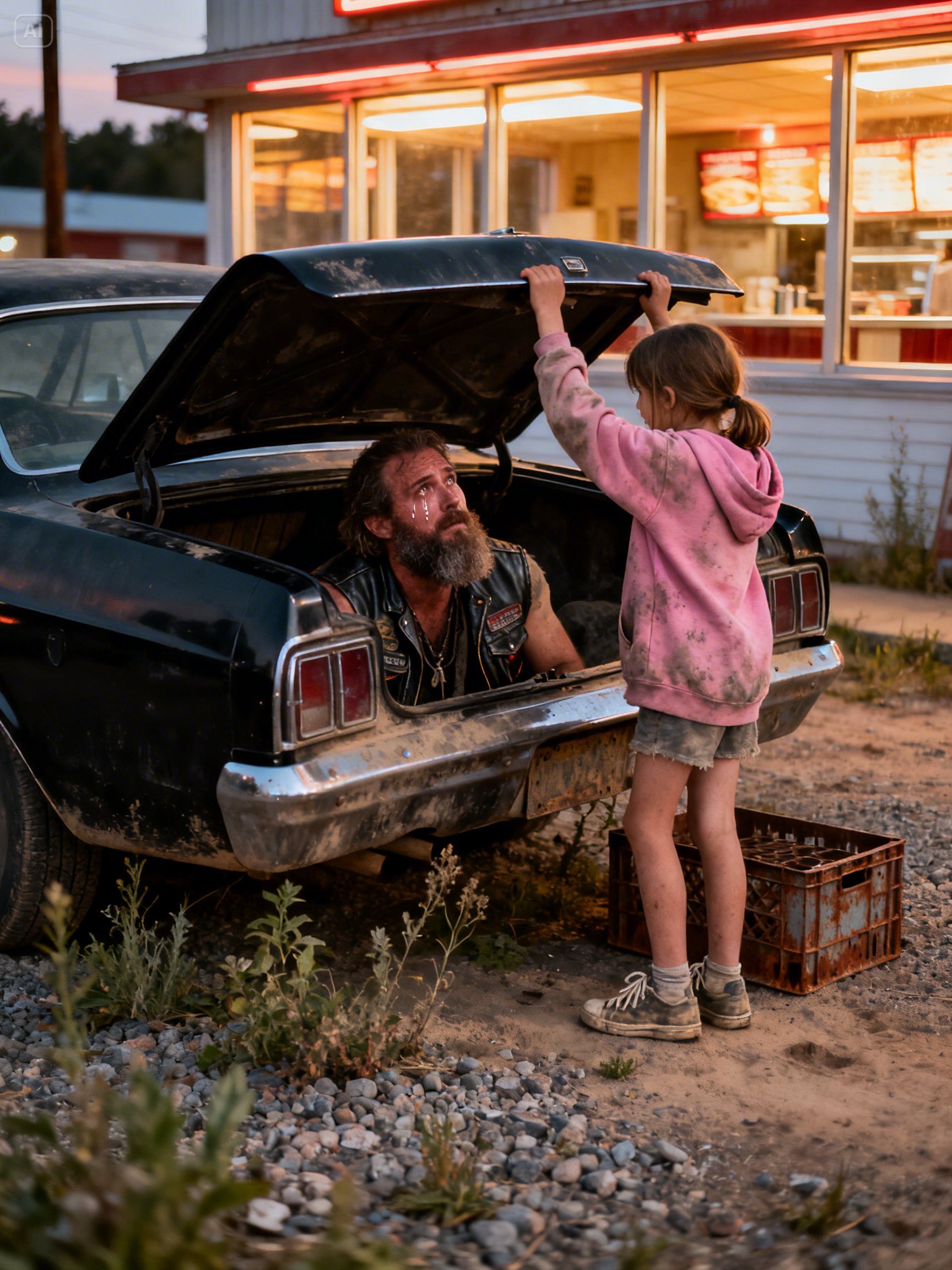 I OPENED A CAR TRUNK TO FIND FOOD – THEN A HELLS ANGEL LOOKED AT MY FACE AND STARTED CRYING