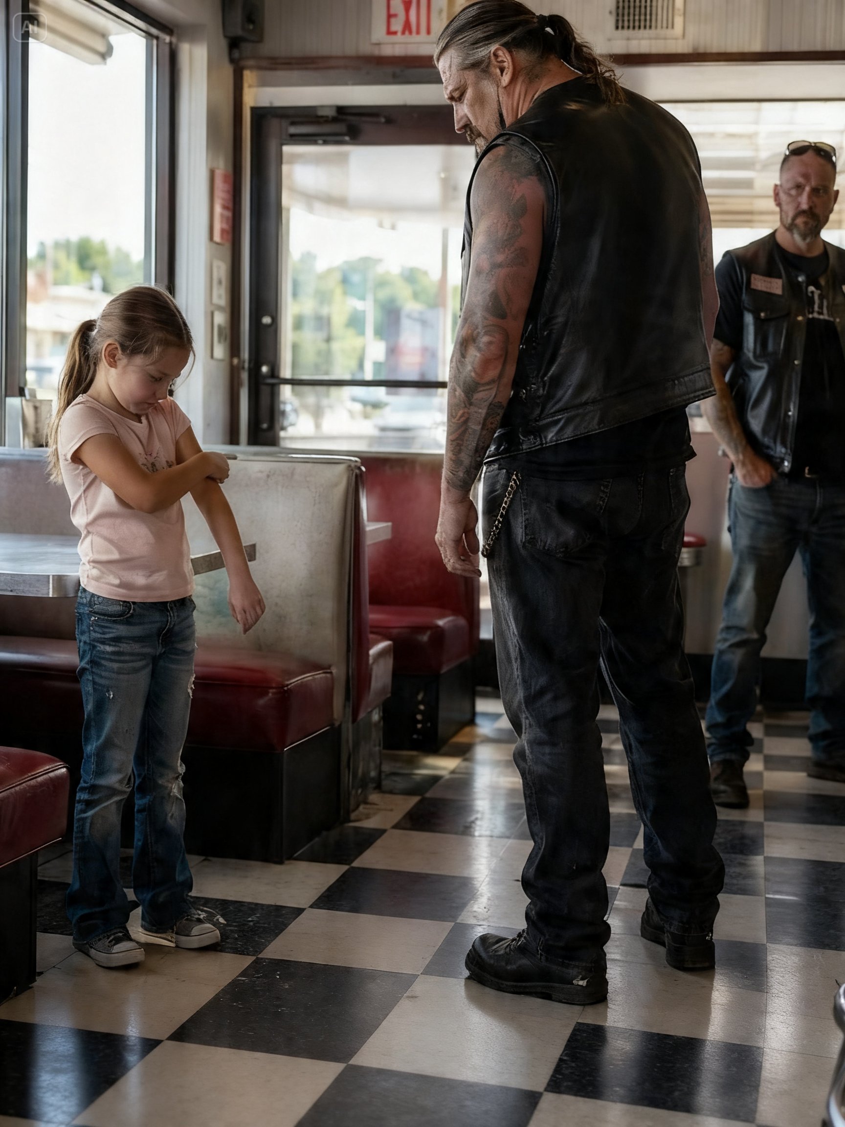 THE LITTLE GIRL SHOWED HER BRUISES TO A HELLS ANGELS BIKER – AND HE NEVER TOUCHED HIS COFFEE AGAIN