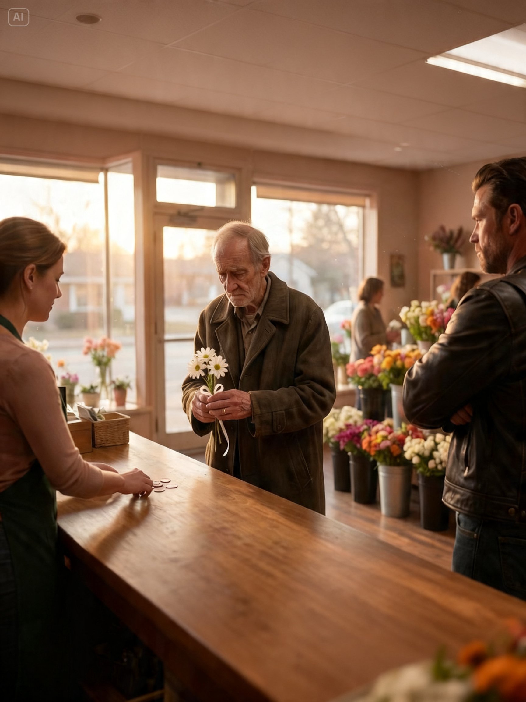 I COULD ONLY AFFORD THE SMALLEST FLOWERS – WHEN THE BIKER LEARNED THEY WERE FOR MY DAUGHTER, HE FROZE