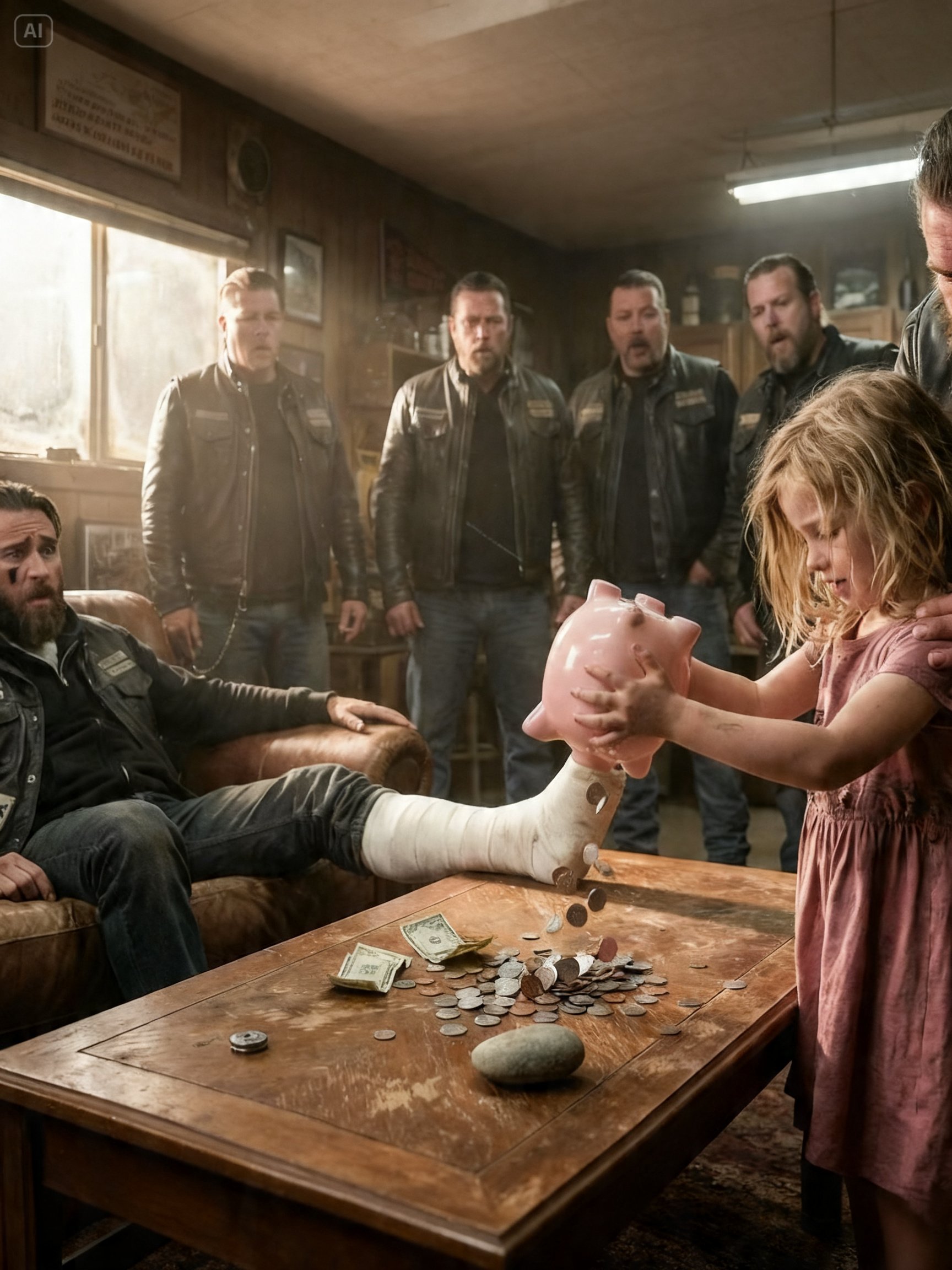 SHE WALKED INTO THE FEARED BIKER CLUBHOUSE WITH A PIGGY BANK – MINUTES LATER THE INJURED HELL’S ANGEL WAS SOBBING