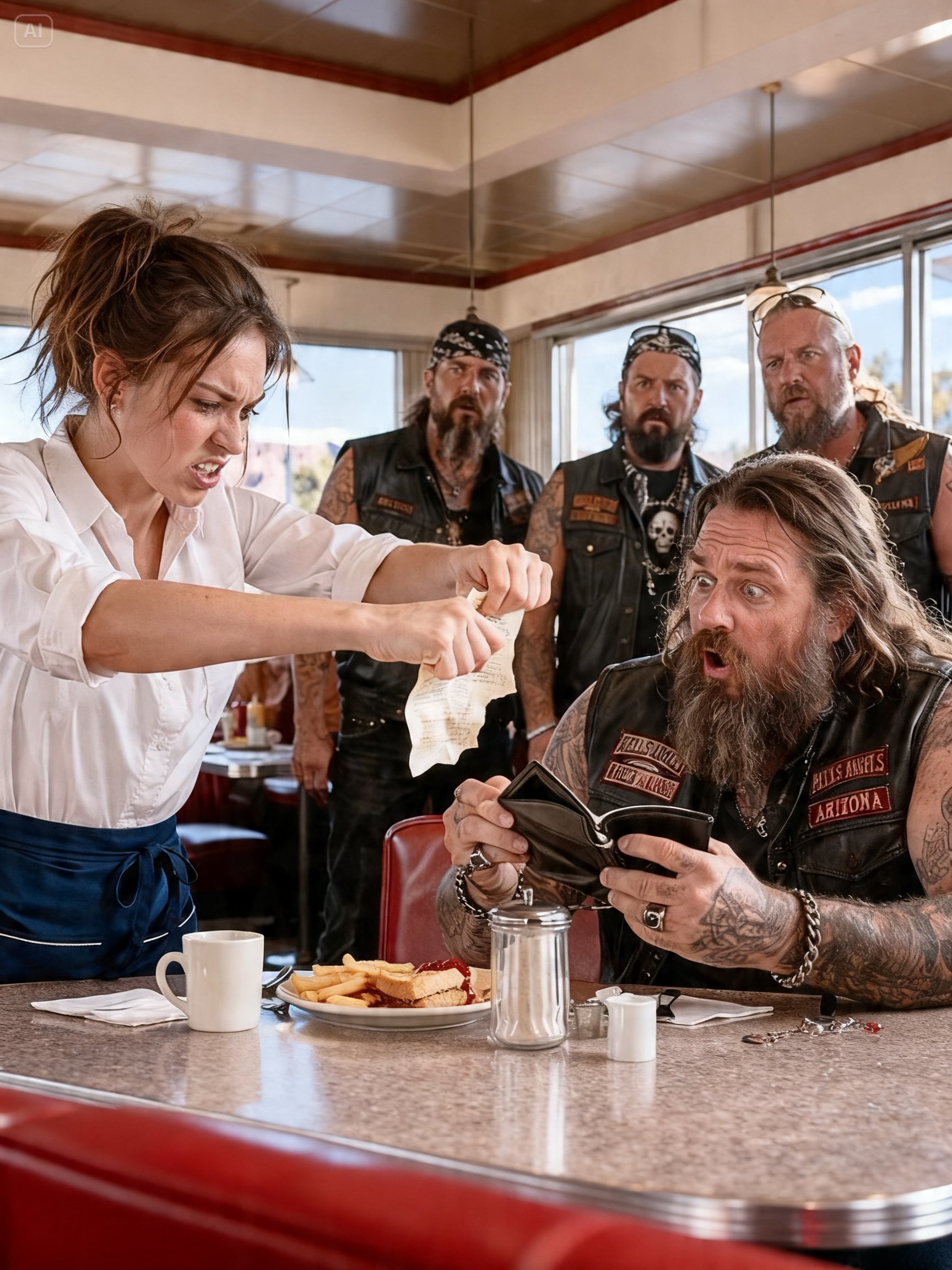 POOR WAITRESS TORE UP A $67 CHECK FOR 5 BROKE BIKERS – 53 HOURS LATER 450 HELL’S ANGELS CAME FOR HER