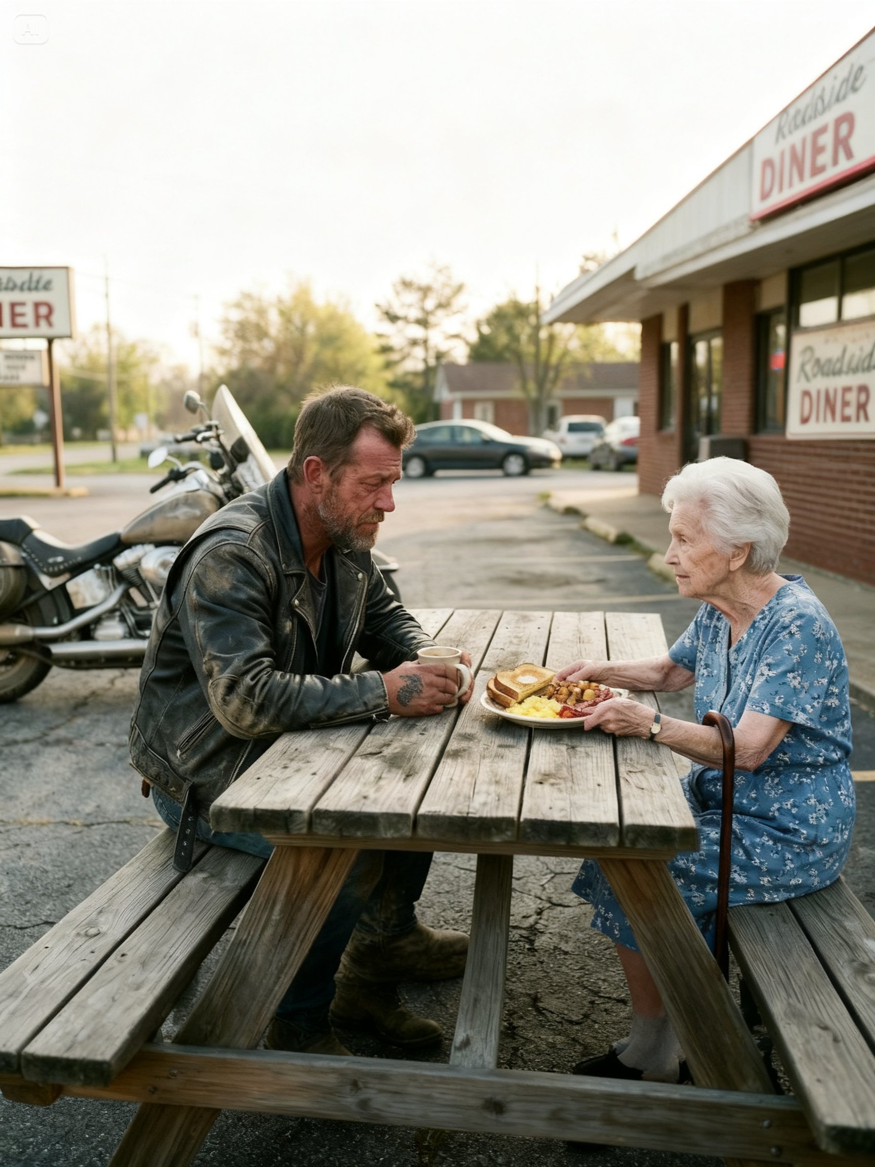THE BIKER SAT ALONE FOR HOURS OUTSIDE A DINER UNTIL A 94-YEAR-OLD WOMAN WALKED OVER AND BROKE HIM WITH ONE SENTENCE
