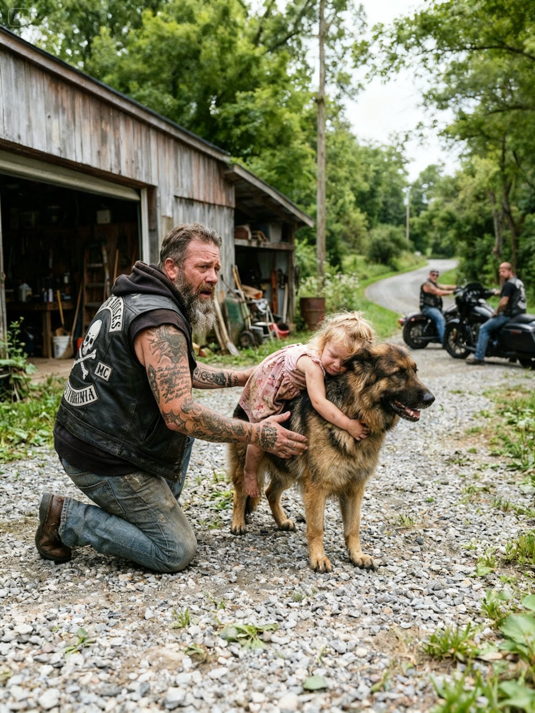 A BAREFOOT LITTLE GIRL RODE A DOG TO A BIKER CLUBHOUSE – THEN SHE SAID A NAME THAT SHOCKED THEM ALL