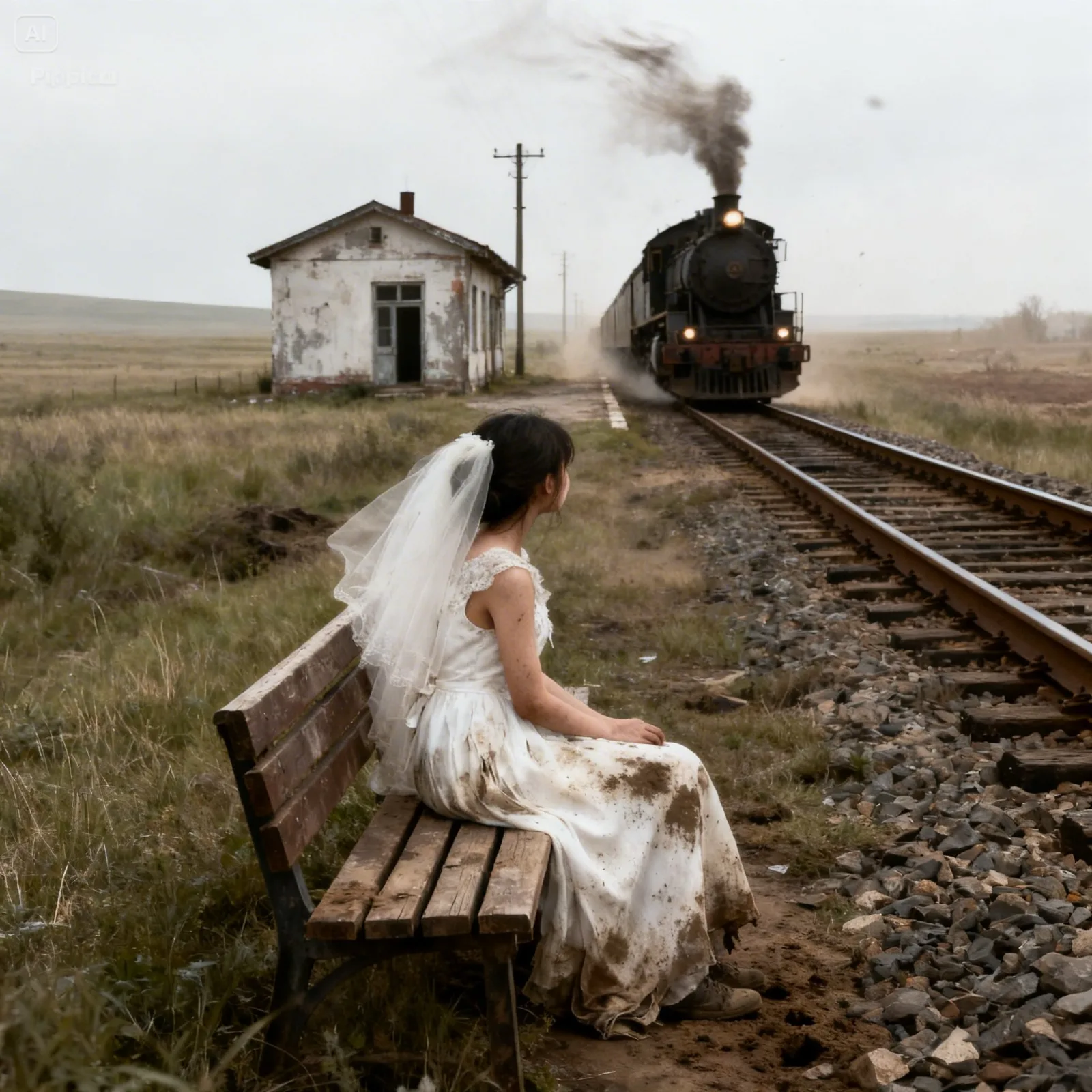 Evelyn Price sat on the hard bench at Dusmir Station with her wedding dress pulled tight around her knees…