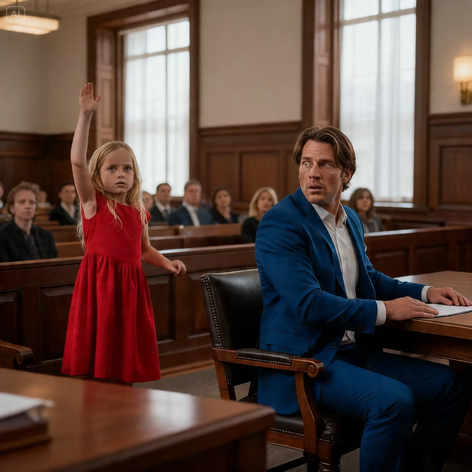 HE WAS SECONDS FROM PRISON—UNTIL HIS 6-YEAR-OLD DAUGHTER STOOD UP IN COURT AND SAID WHAT NO ONE EXPECTED  The room had already decided what kind of man Daniel Wright was.  By the time the judge was preparing to move forward, by the time the prosecutor had arranged the facts into something neat and condemning, by the time the wealthy woman across the aisle had finished speaking with cool certainty about the jewelry that vanished while Daniel was in her house, the outcome felt almost prewritten. Daniel could feel it in the silence. He could see it in the glances. He could hear it in the tone people used when they said words like evidence, motive, and opportunity.  He sat at the defendant’s table with his shoulders pulled in and his hands clasped so tightly that pain ran up his arms. His T-shirt was clean, but worn thin from use, the kind of shirt that said everything about the life he lived without asking anyone for sympathy. Under the courtroom lights, surrounded by polished wood, expensive suits, and practiced confidence, he looked like exactly the kind of man people expected to lose.  And if he lost, he would not only lose his freedom.  He would lose his daughter.  That was the terror that made everything else feel small.  Not the charge. Not the public humiliation. Not the thought of prison walls or locked doors. What terrified him was the idea of waking up somewhere far from home and knowing Lily was out there without him, asking questions he could not answer, reaching for him in a room where he could not walk through the door.  He had promised her once, years earlier, in the kind of quiet nighttime conversation only scared children and exhausted parents ever really remember, that no matter what happened, he would always come back to her.  Now a courtroom full of strangers was about to decide whether that promise could survive.  And just when it seemed like the truth wasn’t enough to save him, the smallest person in the room stood up in her red dress and made everything stop.  The courtroom felt colder than Daniel expected that morning, though the lights overhead were bright and hard and revealed too much. He had imagined court many times in the weeks leading up to the trial, but nothing in his imagination had prepared him for the way the room itself seemed built to remind him he did not belong in it.  Everything shined.  The wood gleamed. The shoes gleamed. Even the voices had a kind of polished restraint to them, as if everybody present had spent years learning how to speak calmly while other people’s lives were being rearranged. Daniel sat at the defense table and kept his gaze lowered, not because he had done anything wrong, but because meeting the eyes of the people around him felt unbearable. He could not stand the possibility of seeing certainty in their faces before they had heard everything.  He had never imagined his life narrowing to one accusation.  He was not a dramatic man. He had never had the luxury of being one. He was a single father who worked when work was offered and stretched every dollar farther than it was meant to go. He knew how to repair cabinets, fix hinges, patch walls, adjust doors that dragged and pipes that rattled. He knew how to get medicine before the pharmacy closed and how to smile at his daughter when there was less food in the kitchen than he wanted her to notice. He knew how to survive long weeks and how to stay quiet when silence was the only thing keeping life stable.  He did not know how to defend himself in a room that seemed to trust wealth more than truth.  Still, he kept going because Lily was there.  He did not have to turn around to feel her. He could sense her several rows behind him like a steady heartbeat he was trying not to lose track of. He could picture her exactly as she was—small, blonde, feet not even reaching the floor, sitting in the red dress she had insisted on wearing because she said it was her brave dress. He had almost told her to stay home. He had nearly begged someone to watch her somewhere else, anywhere else, because no six-year-old should have to sit through a trial where her father’s future was being measured and questioned by strangers.  But Lily had looked at him with those wide blue eyes and said she wanted to be close to him no matter what happened.  He had not known how to refuse that.  Across the room sat Clare Winston.  Even in court, even under the strain of the moment, she looked composed in the effortless way some people spend their whole lives practicing. Her blonde hair was smooth and precise. Her jewelry was understated in a way that only truly expensive things can be. Everything about her suggested money without needing to announce it. She held herself with the quiet assurance of someone used to being believed the first time she spoke.  To Daniel, that was one of the worst parts.  Because he remembered her differently.  He remembered the kitchen in her large house. He remembered fixing a broken cabinet while she stood nearby with coffee in her hand, speaking in the easy, casual tone of a woman for whom repair work was just another item on a list. At the time, she had smiled politely, thanked him for coming, and treated him like he was temporary but useful.  Now she barely looked at him at all, and when she did, it was the kind of glance people reserve for problems they want removed.