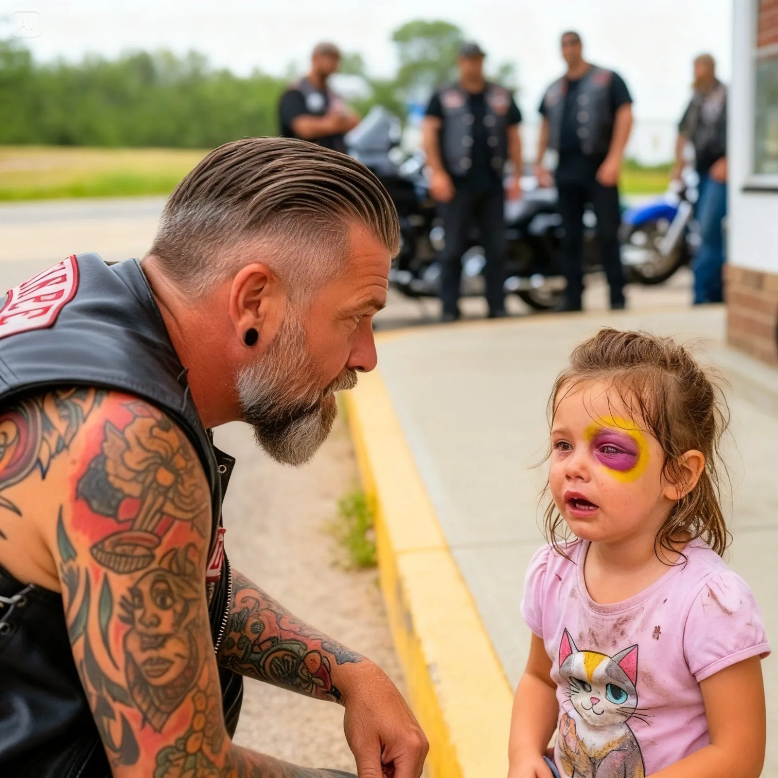 A HELLS ANGEL ASKED A LITTLE GIRL WHO HURT HER—WHEN SHE SAID “MY DAD,” THE WHOLE PARKING LOT WENT SILENT