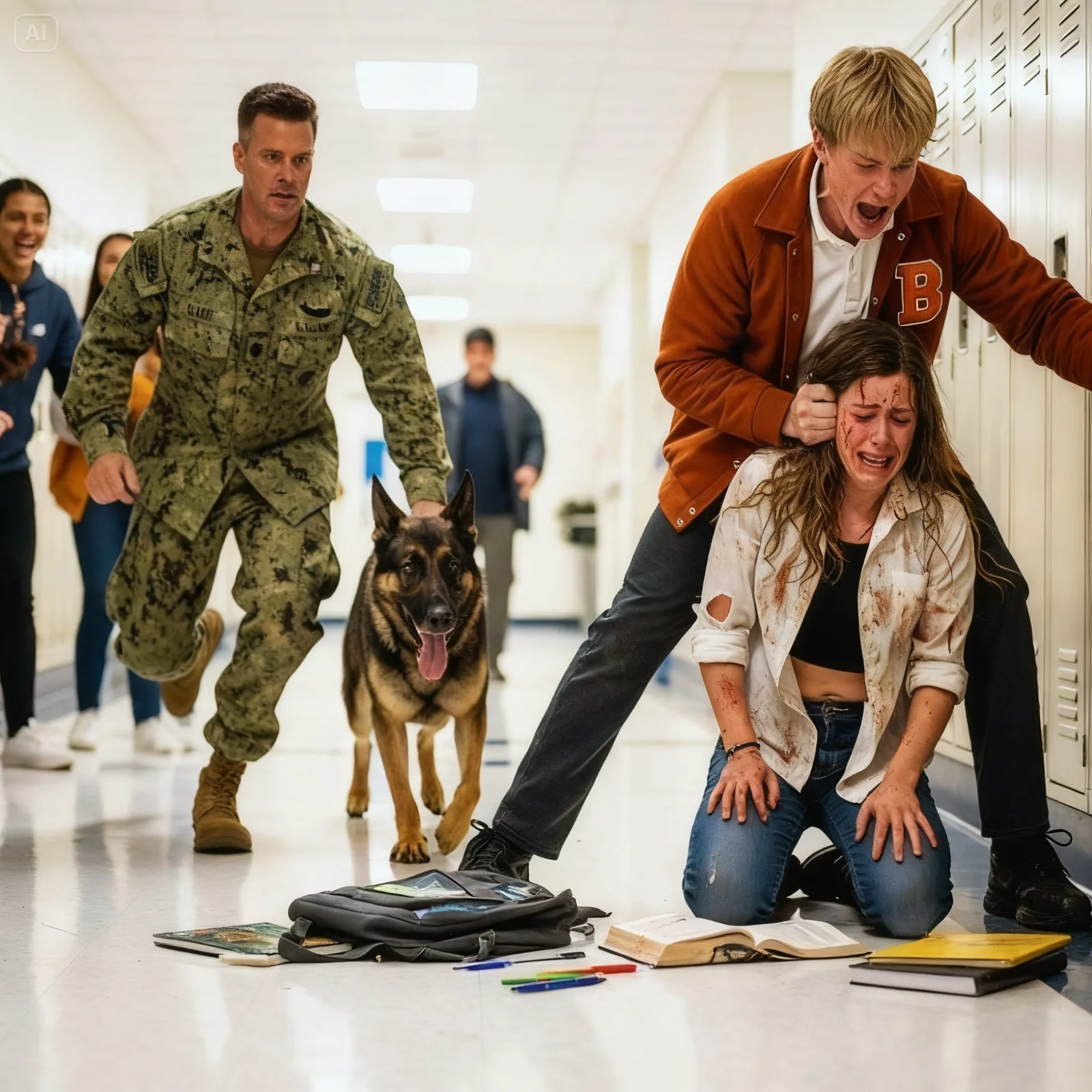 THE RICH KID CHOKED A VETERAN’S DAUGHTER IN A SCHOOL HALLWAY—THEN HER FATHER WALKED IN WITH HIS DOG