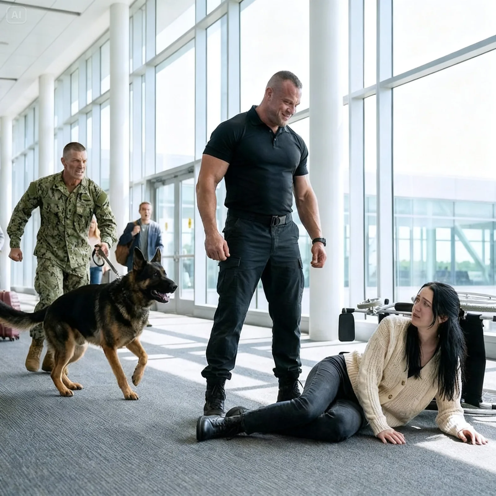 THE MILLIONAIRE’S BODYGUARD THREW A DISABLED WOMAN FROM HER WHEELCHAIR—THEN A NAVY SEAL AND HIS DOG MADE THE WHOLE AIRPORT GO SILENT
