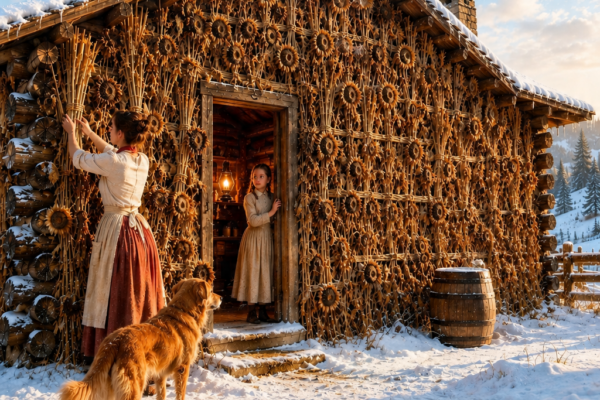 Everyone mocked the white American widow who planted sunflowers inches from her Wyoming cabin, especially when mice invaded, the western wall collapsed, and the valley’s richest merchant called her home a DEADLY haystack—but after a seventy-mile-per-hour blizzard froze neighboring families at forty degrees, her daughter opened a worn ledger, the carpenter touched the warm logs, and one final number revealed what the widow had NEVER told them…