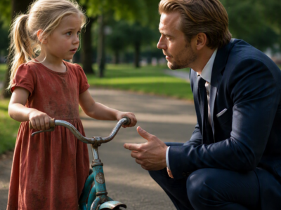 A HOMELESS GIRL ASKED A BILLIONAIRE TO BE HER FATHER FOR ONE DAY—THEN HE FOUND HIS OWN CHILDHOOD NAME HIDDEN BENEATH HER RUSTED BICYCLE SEAT