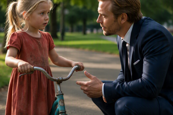 A HOMELESS GIRL ASKED A BILLIONAIRE TO BE HER FATHER FOR ONE DAY—THEN HE FOUND HIS OWN CHILDHOOD NAME HIDDEN BENEATH HER RUSTED BICYCLE SEAT