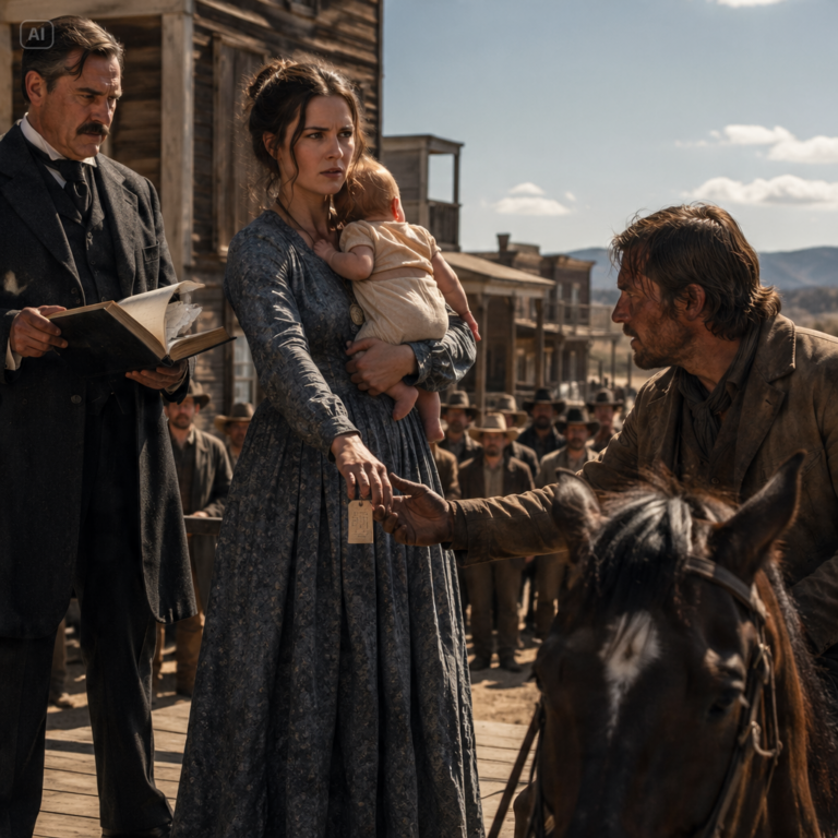 THE BANKER SOLD A WIDOW AND HER BABY LIKE PROPERTY – BUT THE COWBOY WHO BOUGHT THEM KNEW ONE THING HER DEAD HUSBAND NEVER SAID