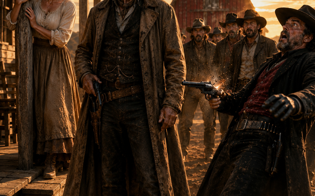 They came to steal the helpless widow’s ranch — but the nameless hired hand on her porch had spent years trying not to draw his gun
