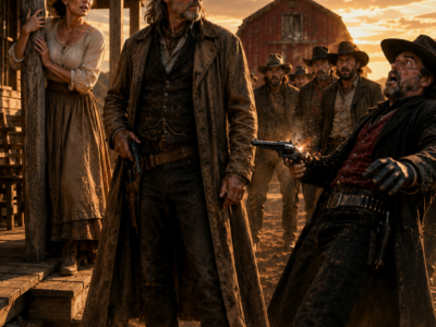 They came to steal the helpless widow’s ranch — but the nameless hired hand on her porch had spent years trying not to draw his gun