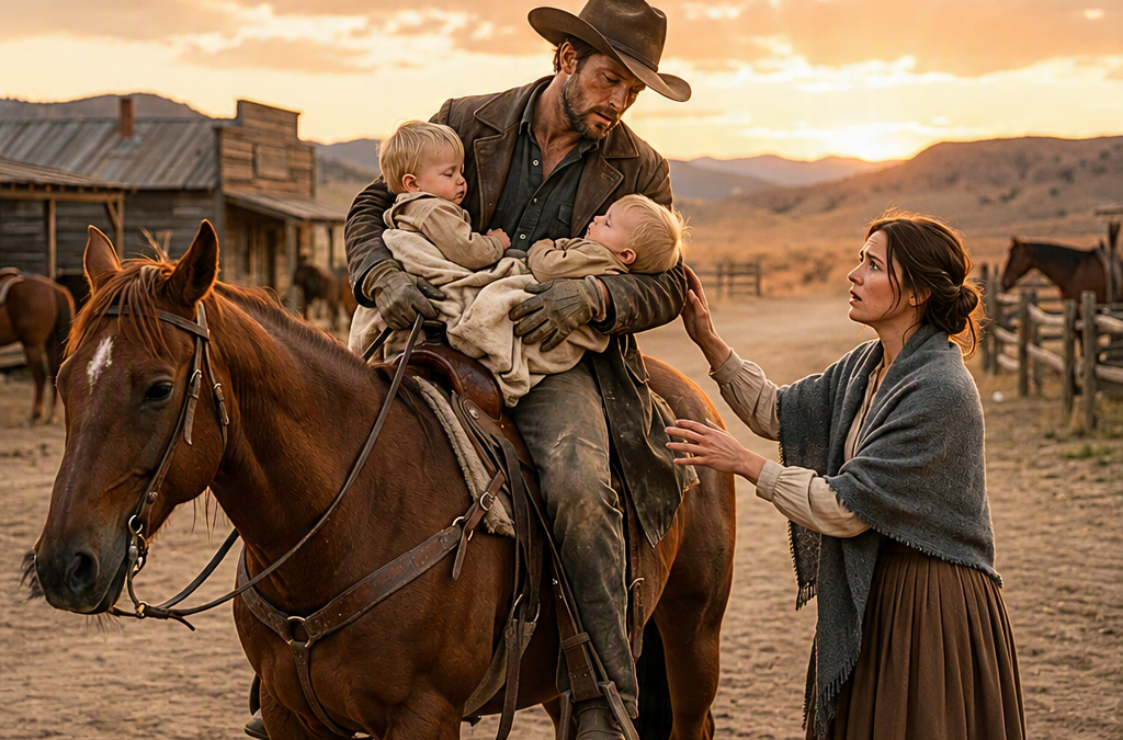 THE WOUNDED COWBOY RODE THIRTY-FOUR MILES WITH TWO DYING BABIES TIED TO HIS CHEST—BUT WHEN THE LONELY WIDOW OPENED THE MOTHER’S HIDDEN LETTER, SHE REALIZED THE RIDERS WERE ALREADY COMING BACK