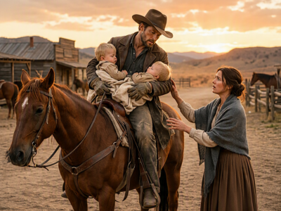 THE WOUNDED COWBOY RODE THIRTY-FOUR MILES WITH TWO DYING BABIES TIED TO HIS CHEST—BUT WHEN THE LONELY WIDOW OPENED THE MOTHER’S HIDDEN LETTER, SHE REALIZED THE RIDERS WERE ALREADY COMING BACK