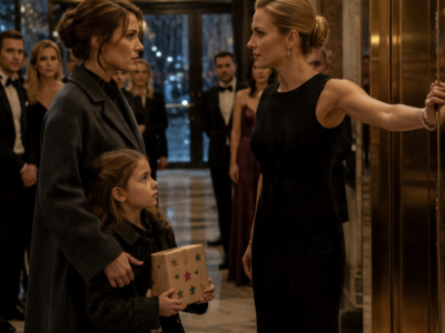 I HELD MY DAUGHTER’S GIFT OUTSIDE MY HUSBAND’S CORPORATE GALA – THEN HIS SECRETARY SMILED AND SAID THE WOMAN UPSTAIRS HAD ALREADY TAKEN MY PLACE