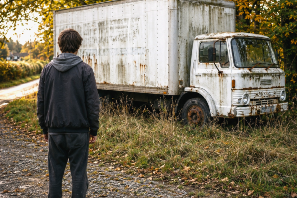 I Spent My Last $10 on a Dead Man’s Rusted Moving Truck—Then a Stray Dog Found the Hidden Room He Built for Forgotten Foster Kid