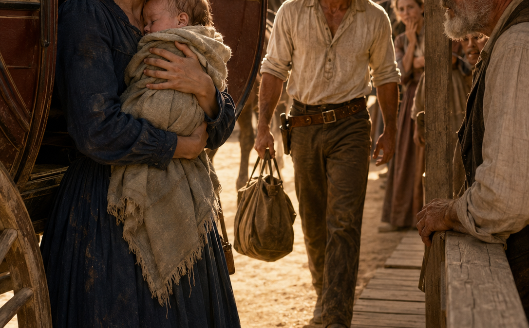 When a Mail-Order Bride Stepped Off the Stage With the Baby She Hid, a Lonely Cowboy’s Public Answer Silenced the Town—and Changed All Three Lives Forever