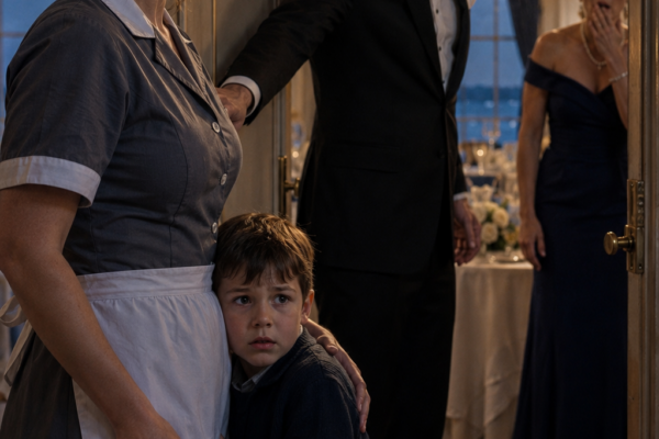 The Housekeeper’s Son Whispered “Don’t Drink That”—Then the Widowed Hotel Owner Sealed the Banquet Hall and Exposed the Woman Chosen to Marry Him