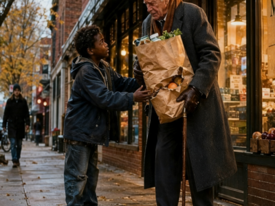 THE STARVING 10-YEAR-OLD BOY ONLY STOPPED TO HELP AN OLD MAN WITH A TORN GROCERY BAG, NEVER KNOWING THE STRANGER IN THE GRAY COAT WAS A BILLIONAIRE WHO WOULD CHANGE THE REST OF HIS LIFE