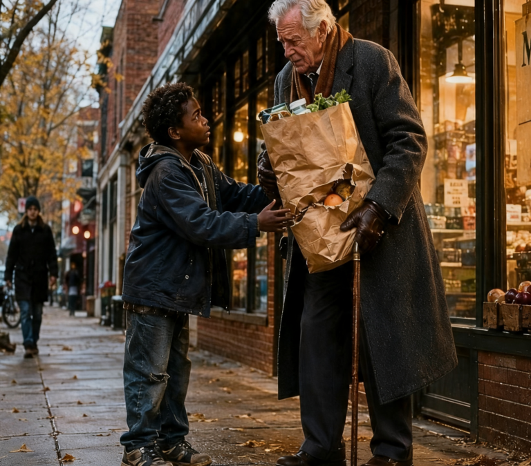 THE STARVING 10-YEAR-OLD BOY ONLY STOPPED TO HELP AN OLD MAN WITH A TORN GROCERY BAG, NEVER KNOWING THE STRANGER IN THE GRAY COAT WAS A BILLIONAIRE WHO WOULD CHANGE THE REST OF HIS LIFE
