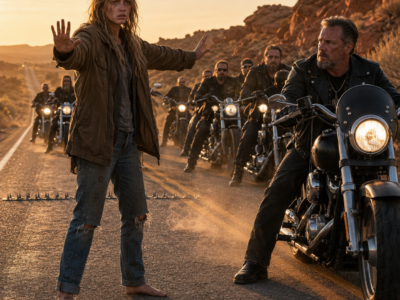 A BAREFOOT HOMELESS GIRL STOPPED TWENTY-TWO FEARED BIKERS SECONDS BEFORE A MASSACRE—THEN SHE WHISPERED ONE NAME THAT PROVED THE AMBUSH HAD BEEN PLANNED FROM INSIDE THEIR OWN CLUB