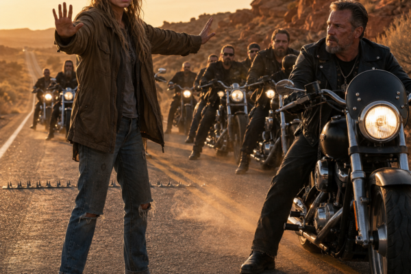 A BAREFOOT HOMELESS GIRL STOPPED TWENTY-TWO FEARED BIKERS SECONDS BEFORE A MASSACRE—THEN SHE WHISPERED ONE NAME THAT PROVED THE AMBUSH HAD BEEN PLANNED FROM INSIDE THEIR OWN CLUB
